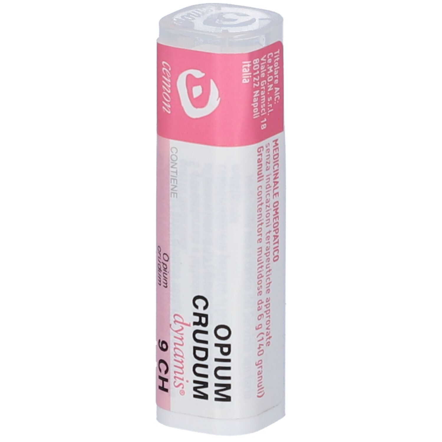 Confezione cilindrica con etichetta rosa e bianca. Scritta: Opium Crudum 9 CH. Produttore: Cemon.
