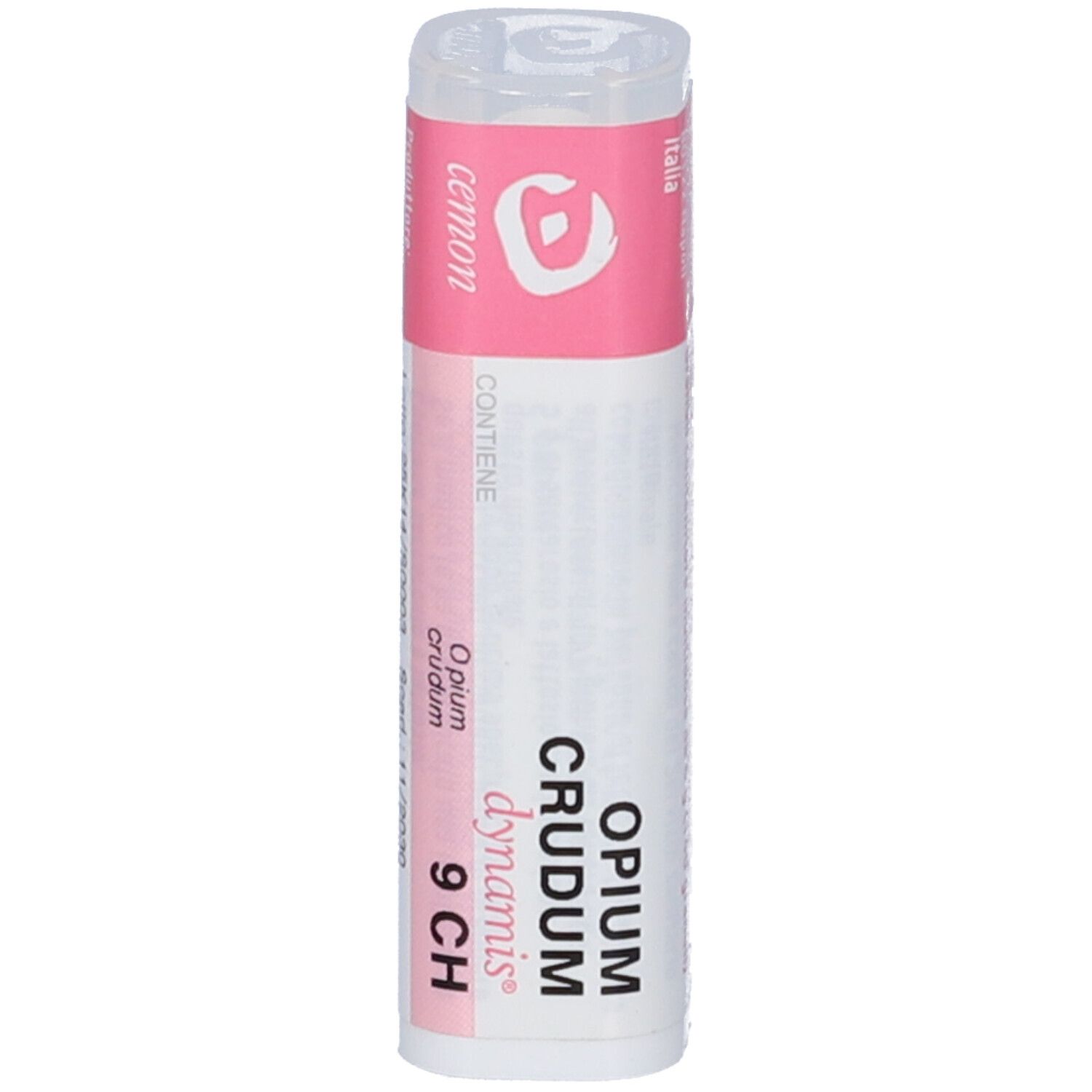 Confezione cilindrica con etichetta rosa e bianca. Scritta: Opium Crudum 9 CH. Produttore: Cemon.