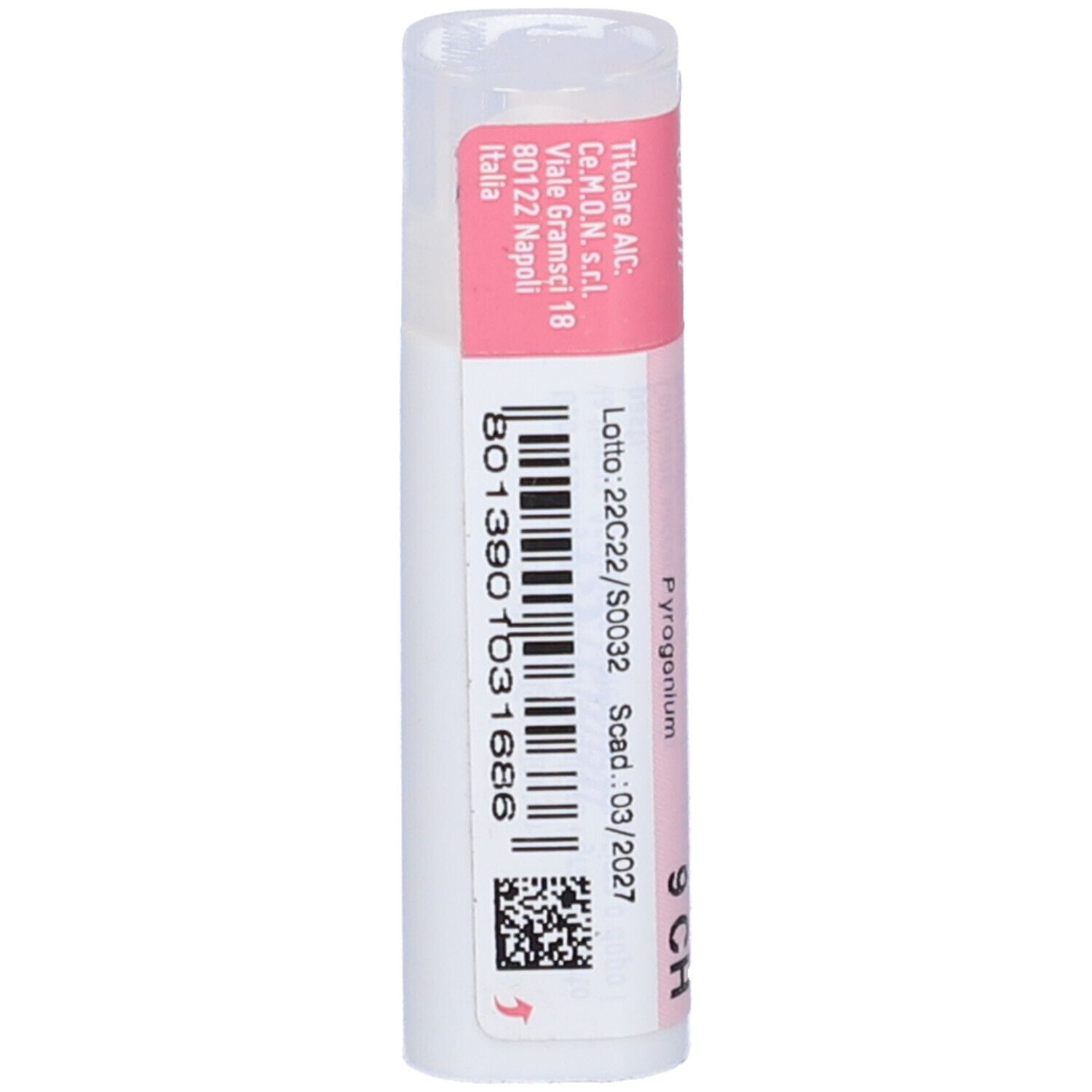 Confezione cilindrica con etichetta rosa e bianca. Testo: Pyrogenium 9 CH, numero di lotto, scadenza.