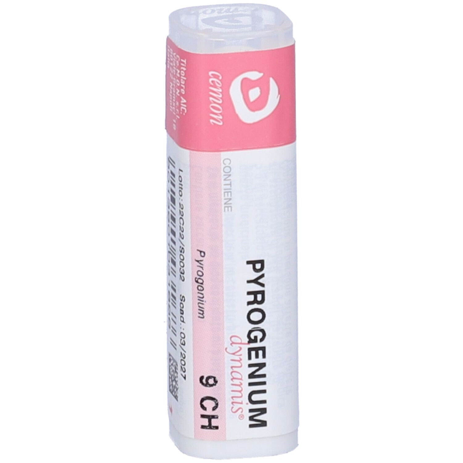 Confezione cilindrica con etichetta rosa e bianca. Testo: Cemon, Pyrogenium 9 CH.