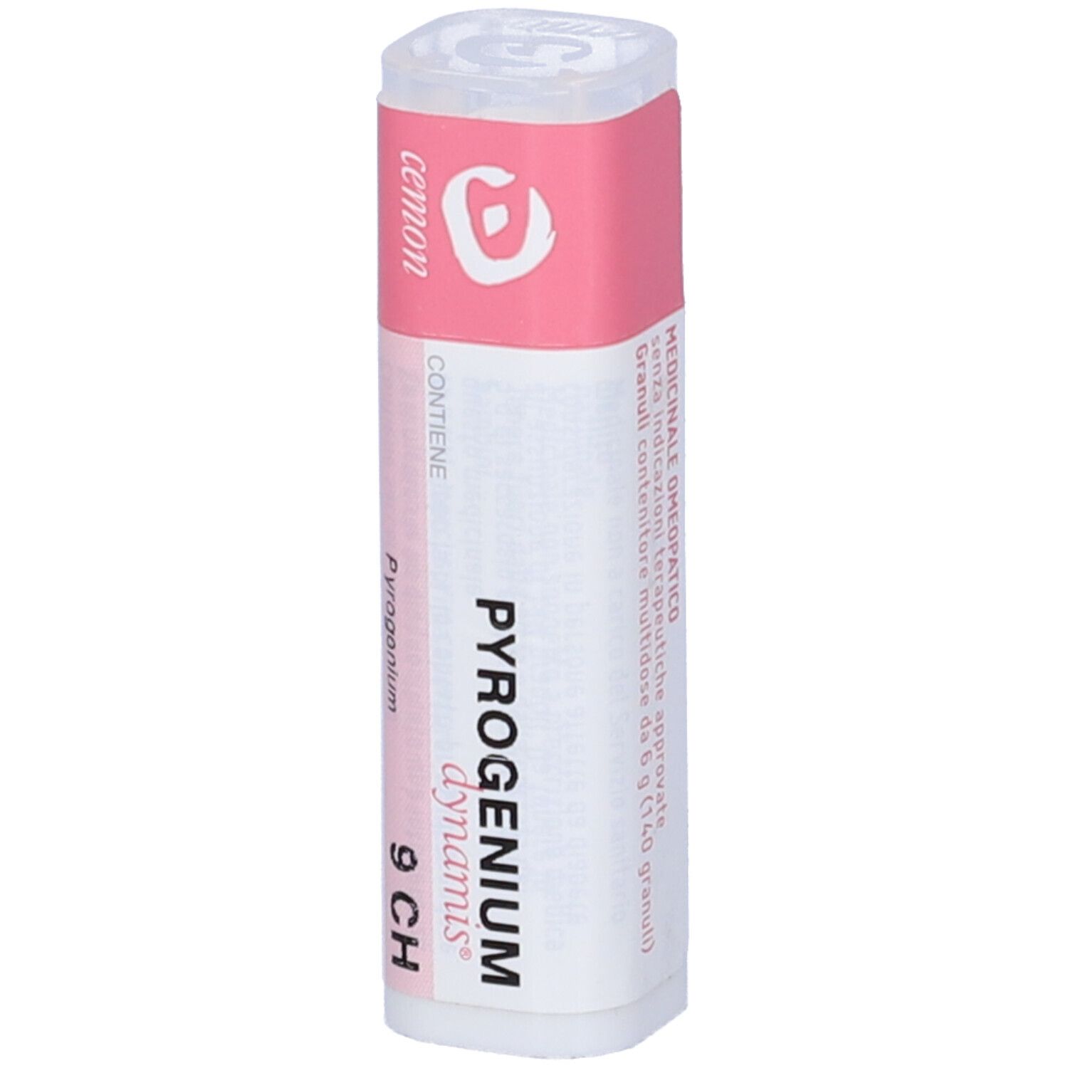 Confezione cilindrica con etichetta rosa e bianca. Testo: Pyrogenium 9 CH, Granuli.
