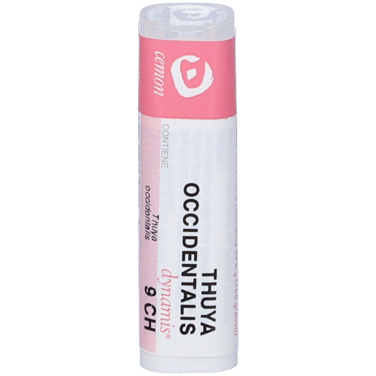 Confezione cilindrica con tappo ed etichetta rosa. Scritta: Cemon, Thuya occidentalis 9 CH.