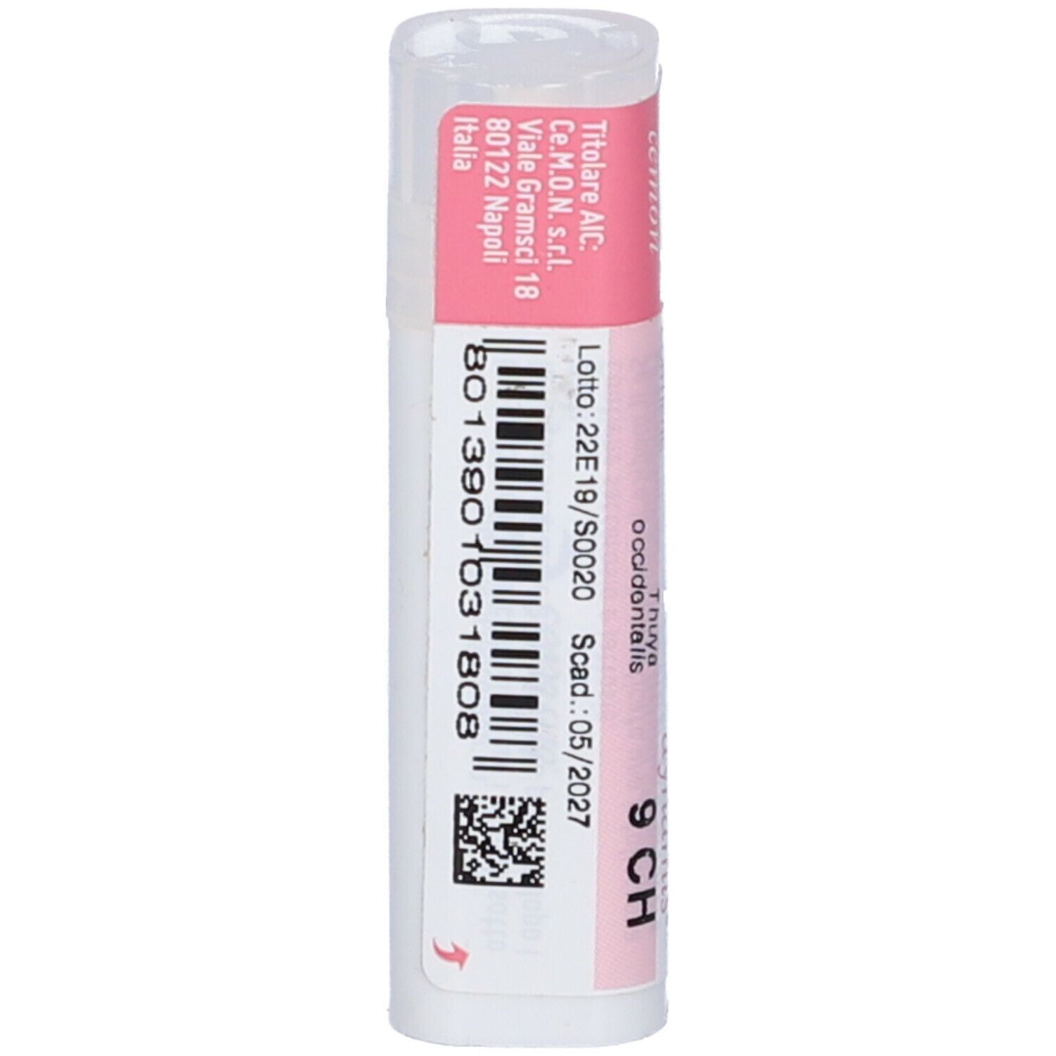Confezione cilindrica con tappo ed etichetta rosa. Scritta: Cemon, Thuya occidentalis 9 CH, codice a barre.