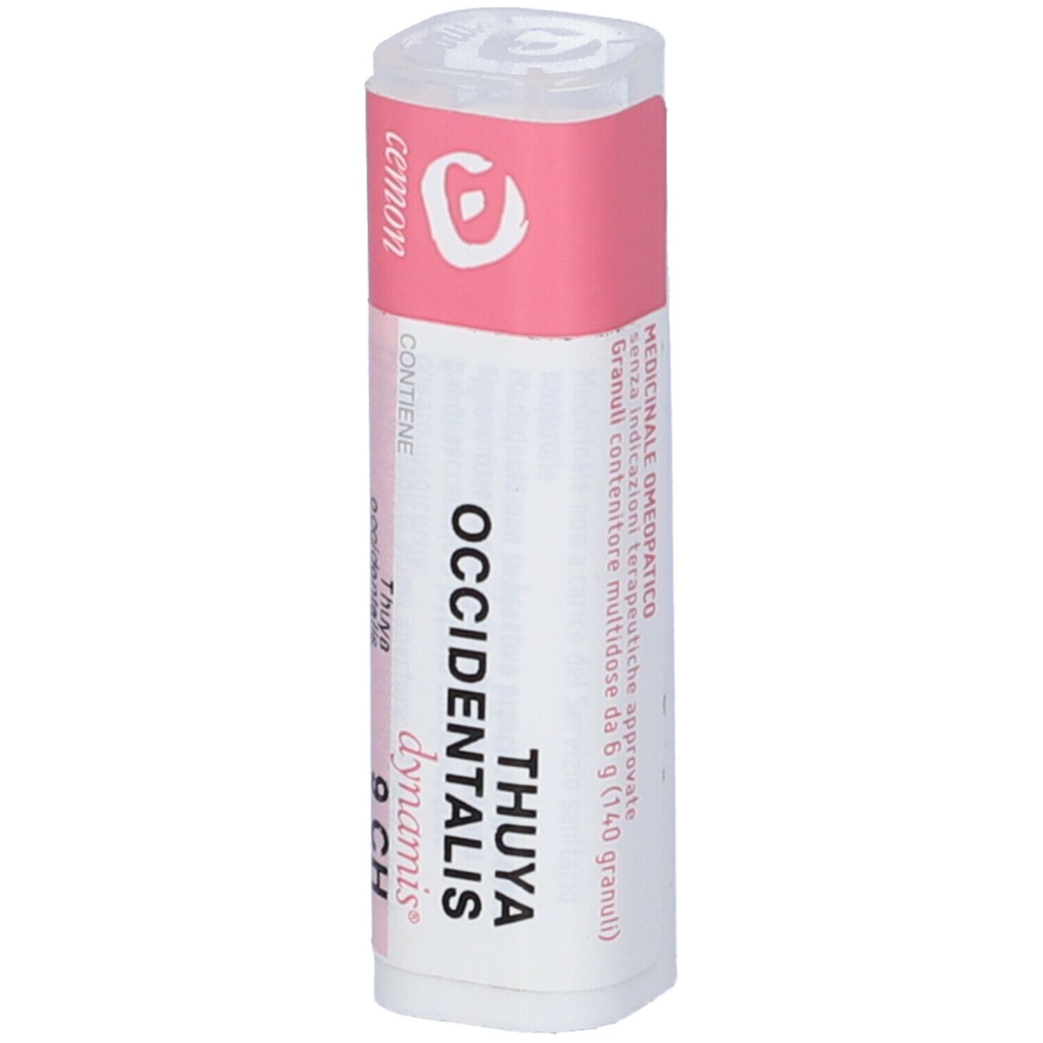Confezione cilindrica con tappo ed etichetta rosa. Scritta: Cemon, Thuya occidentalis 9 CH.