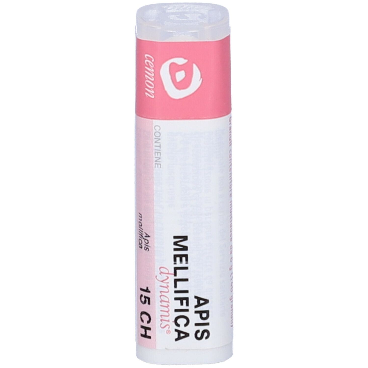 Confezione cilindrica con etichetta rosa e bianca. Testo: Apis mellifica 15 CH, Cemon.