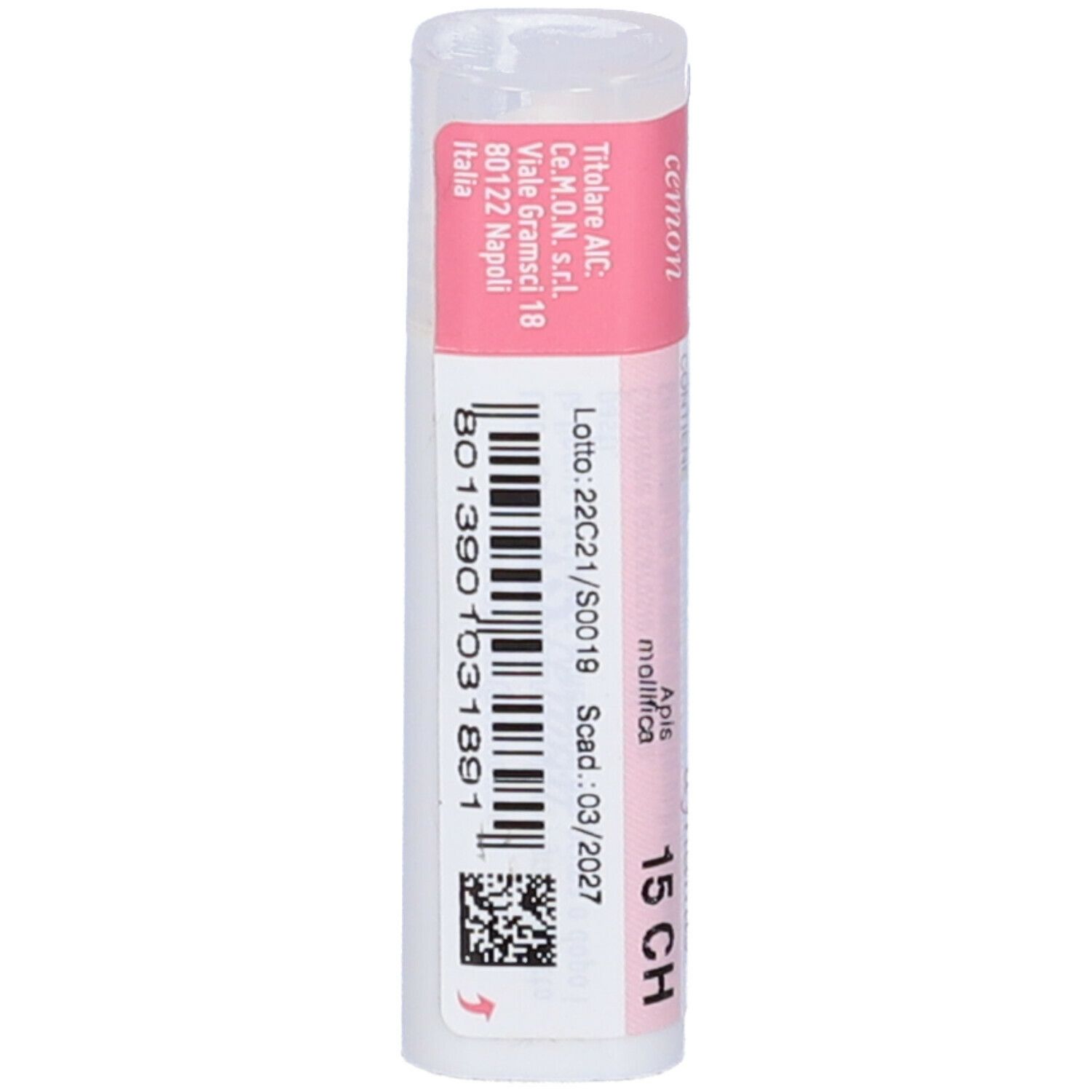 Confezione cilindrica con etichetta rosa e bianca. Testo: Apis mellifica 15 CH, Cemon.