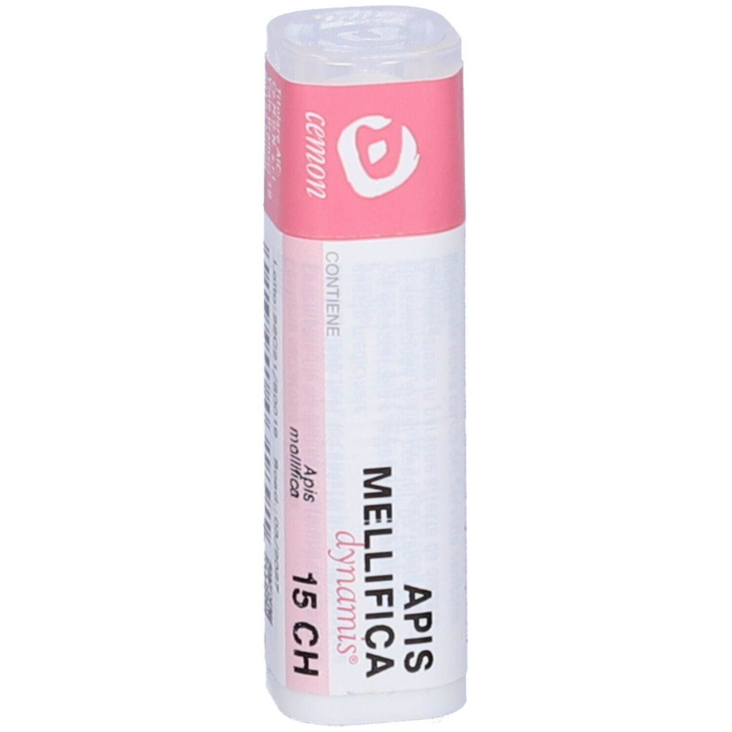 Confezione cilindrica con etichetta rosa e bianca. Testo: Apis mellifica 15 CH, Cemon.