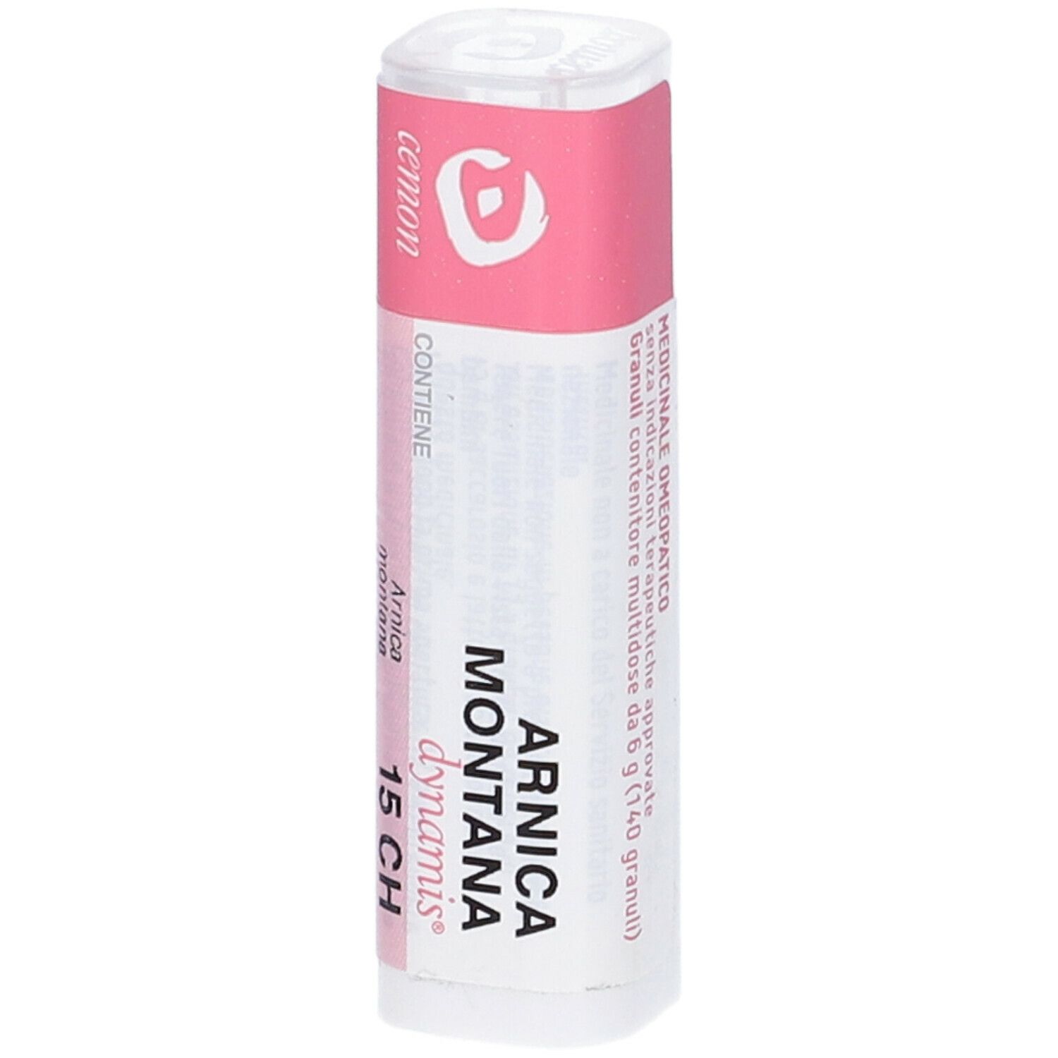 Confezione cilindrica, rosa e bianca. Scritta: Arnica Montana 15 CH, Cemon. Contiene granuli.