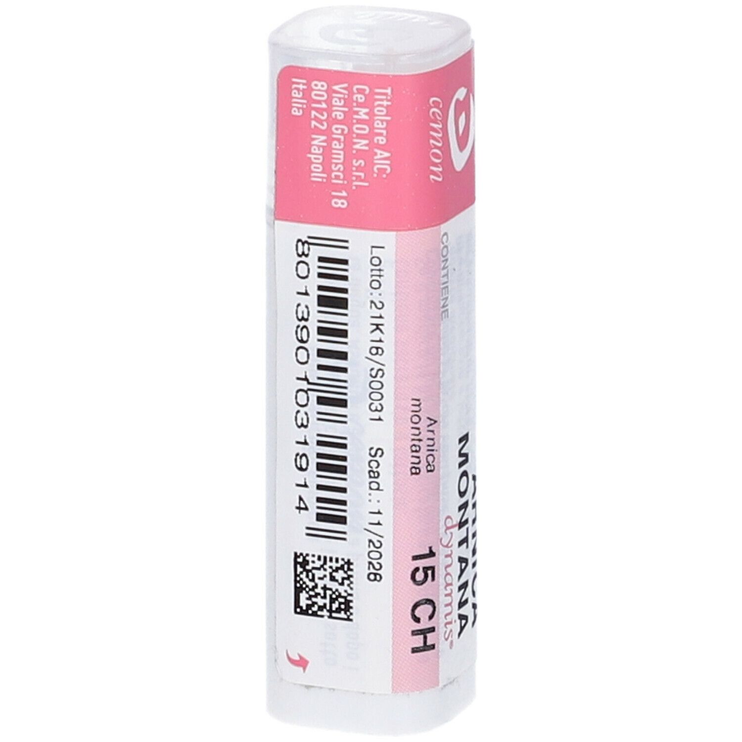 Confezione cilindrica, rosa e bianca. Scritta: Arnica Montana 15 CH, Cemon. Con numero di lotto.