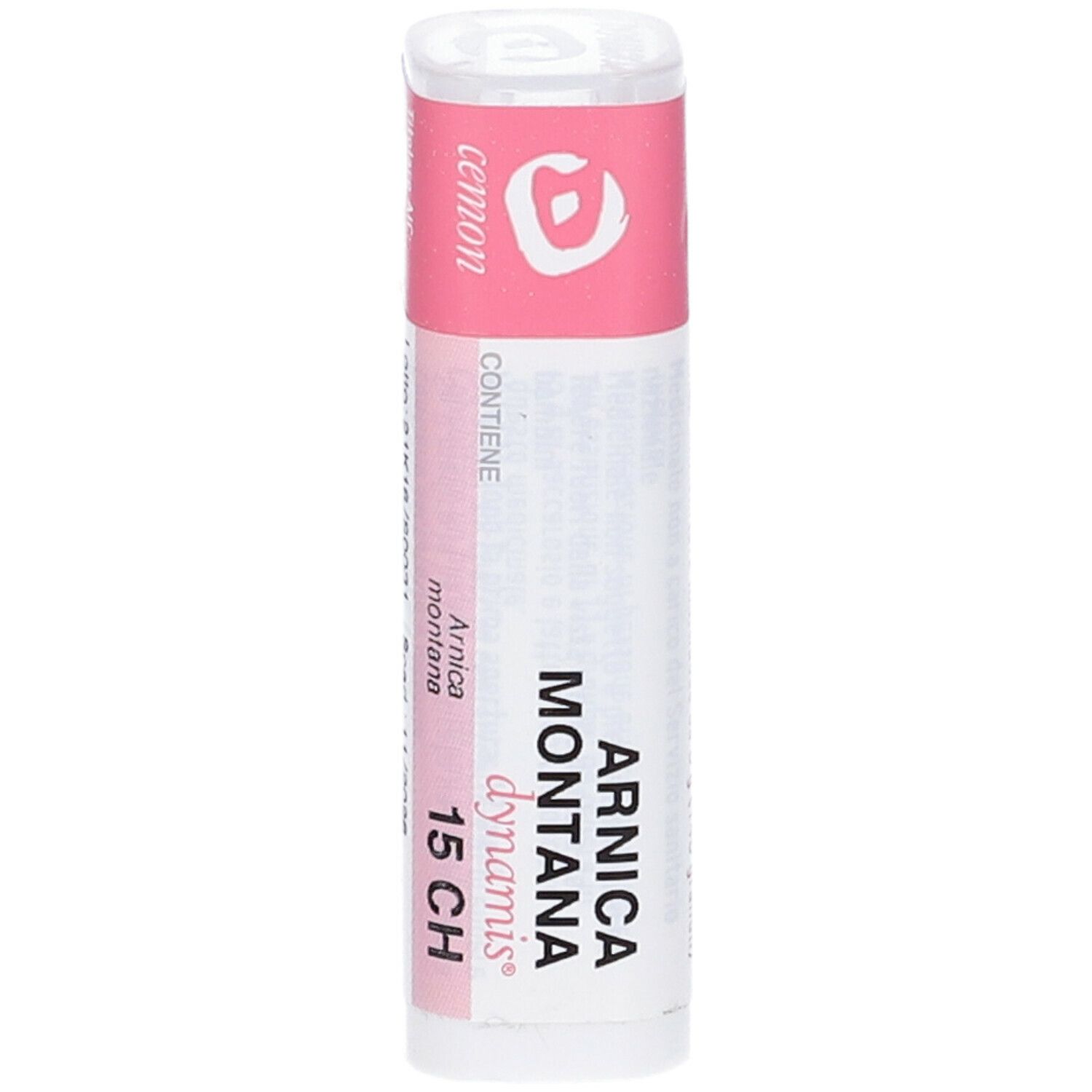 Confezione cilindrica con etichette rosa e bianche. Scritta: Arnica Montana 15 CH, Cemon.