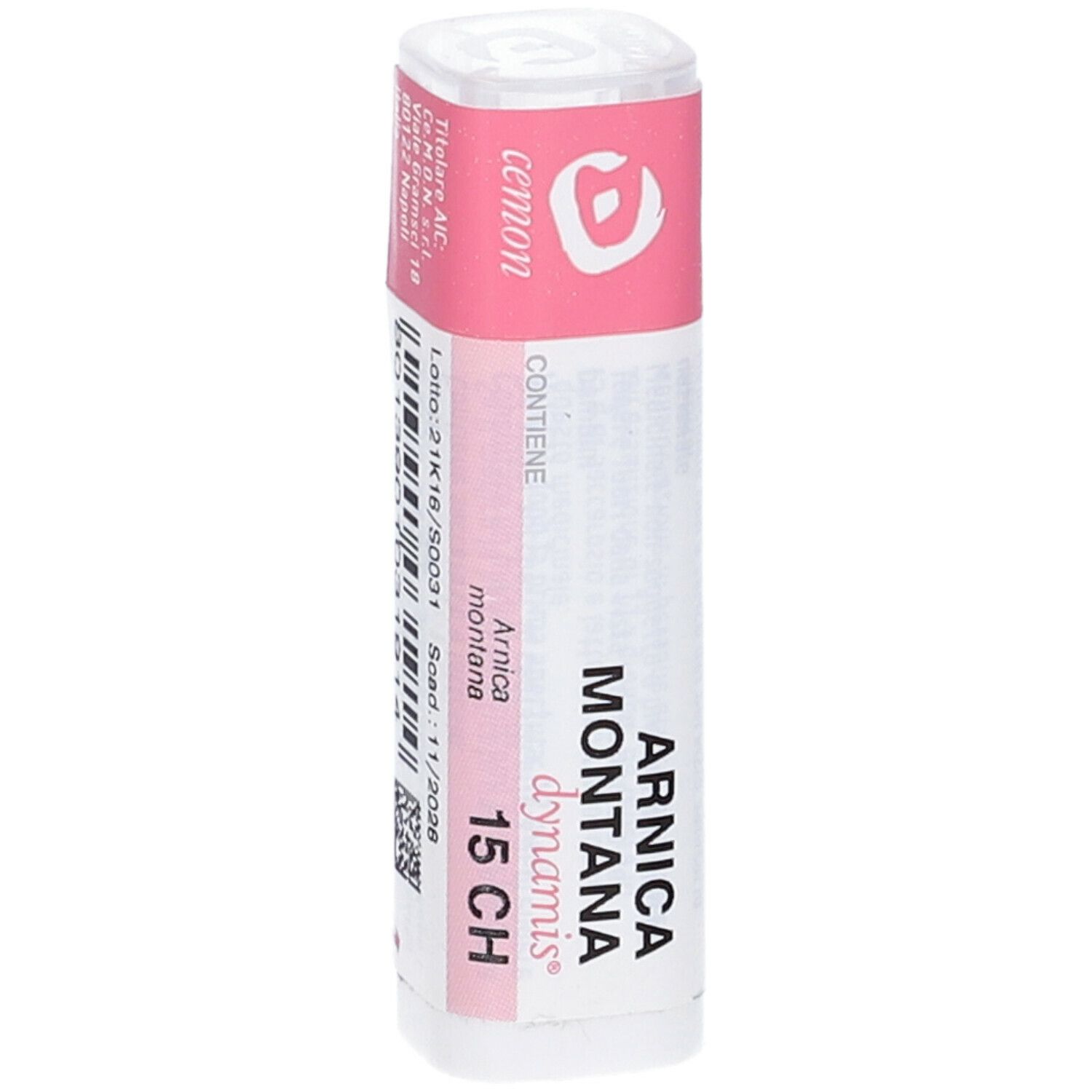 Confezione cilindrica, rosa e bianca. Scritta: Arnica Montana 15 CH, Cemon. Con numero di lotto.
