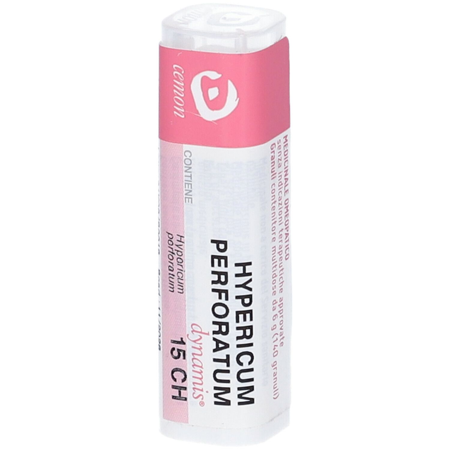 Confezione cilindrica con etichetta rosa. Scritta: Hypericum perforatum 15 CH, cemon, dynamis.