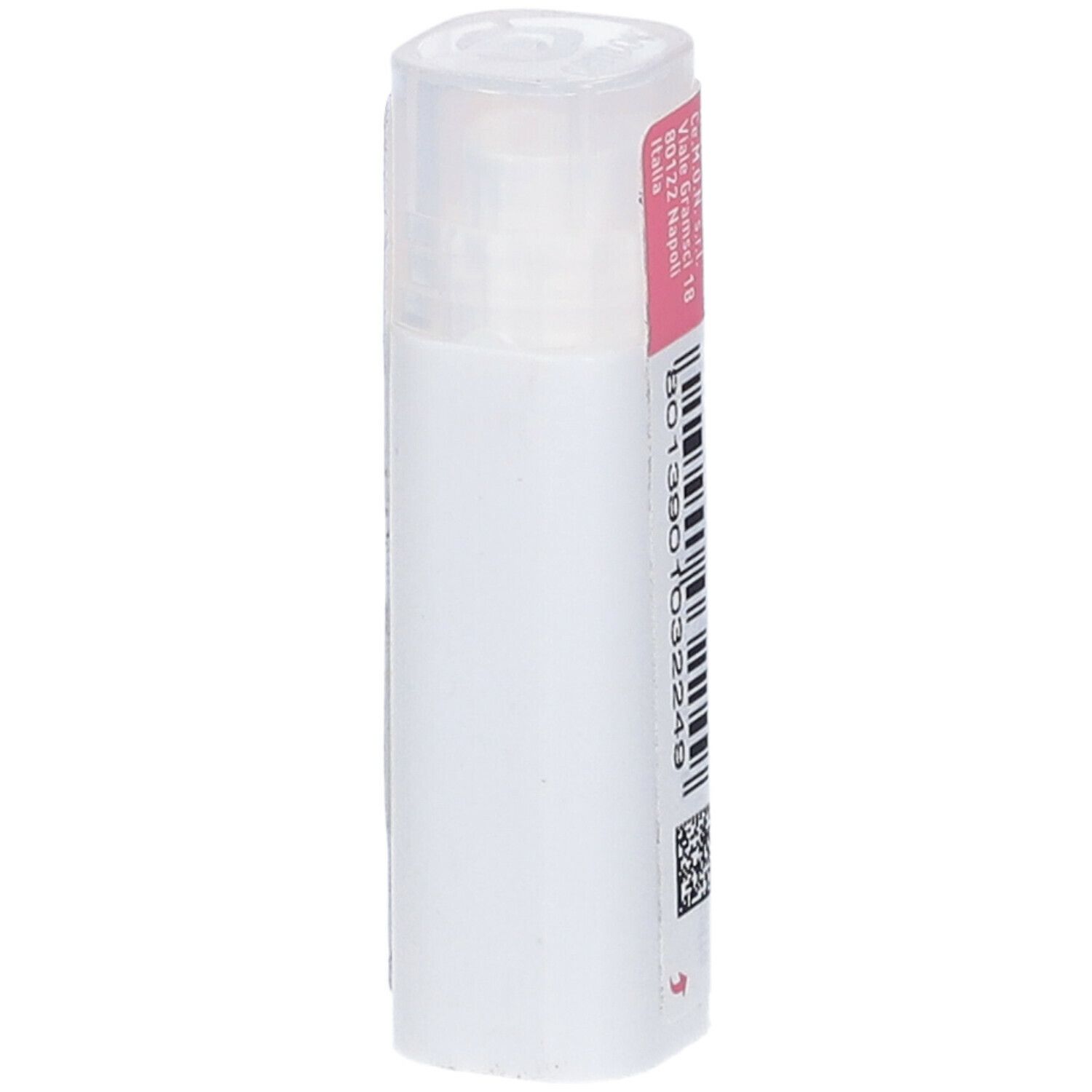 Confezione cilindrica con etichetta rosa. Scritta: cemon, indirizzo, codice a barre, Scad. 11/2026.