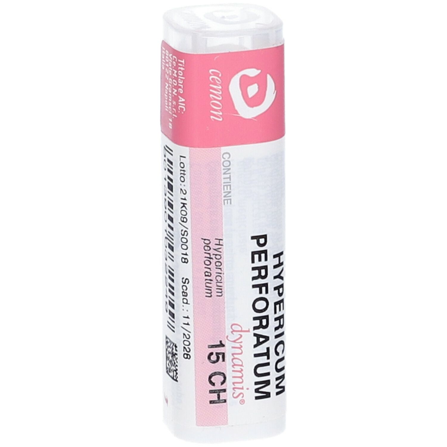 Confezione cilindrica con etichetta rosa. Scritta: Hypericum perforatum 15 CH, cemon, dynamis.