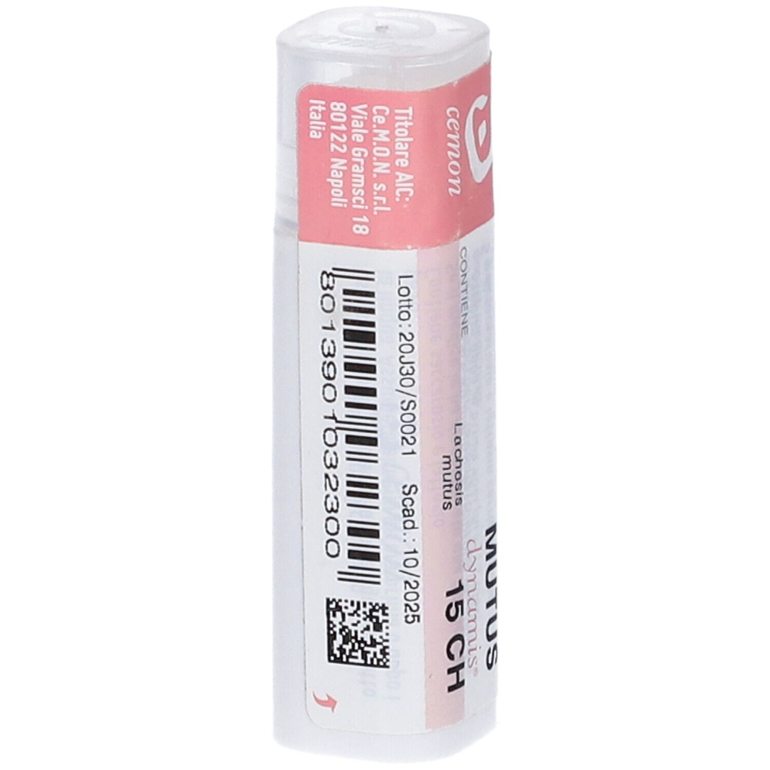 Confezione cilindrica con etichetta rosa. Scritte: Lachesis mutus 15 CH, cemon, dynamis. Contiene globuli.