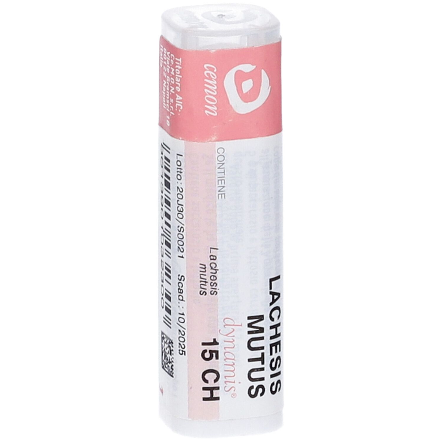 Confezione cilindrica con etichetta rosa. Scritte: Lachesis mutus 15 CH, cemon, dynamis. Contiene globuli.
