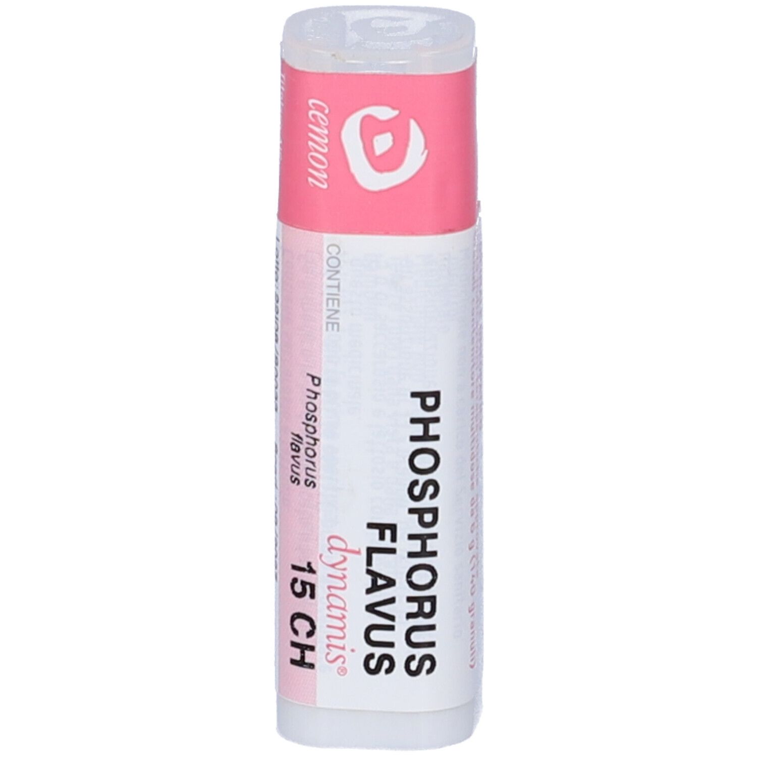 Confezione cilindrica. Etichette rosa e bianche. Scritta: Phosphorus Flavus 15 CH, dynamis.