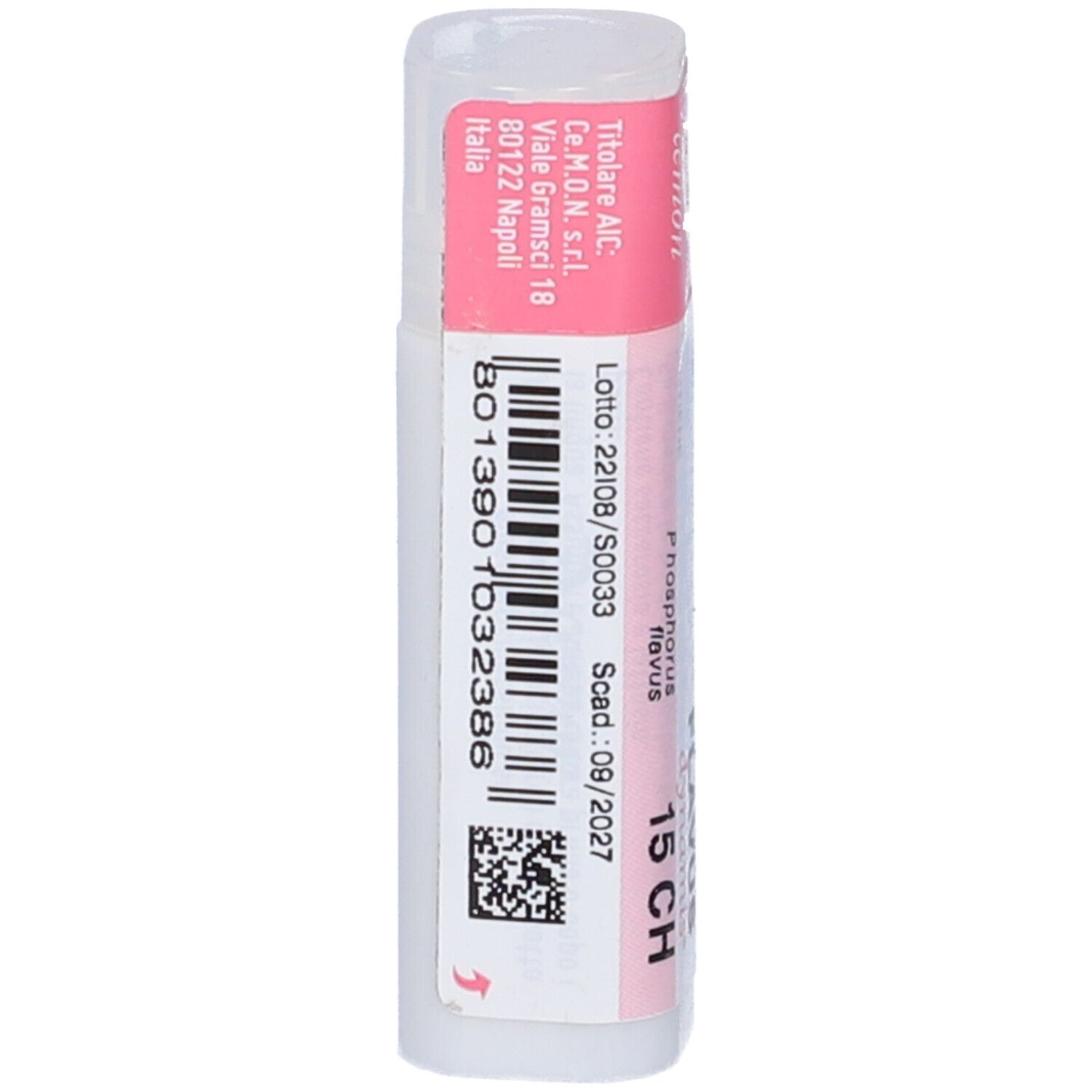 Confezione cilindrica. Etichette rosa e bianche. Scritta: Phosphorus Flavus 15 CH, dynamis.