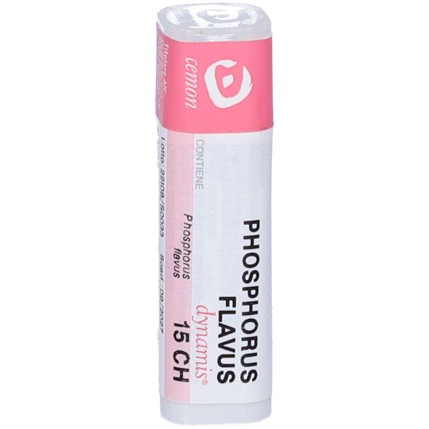 Confezione cilindrica. Etichette rosa e bianche. Scritta: Phosphorus Flavus 15 CH, dynamis.