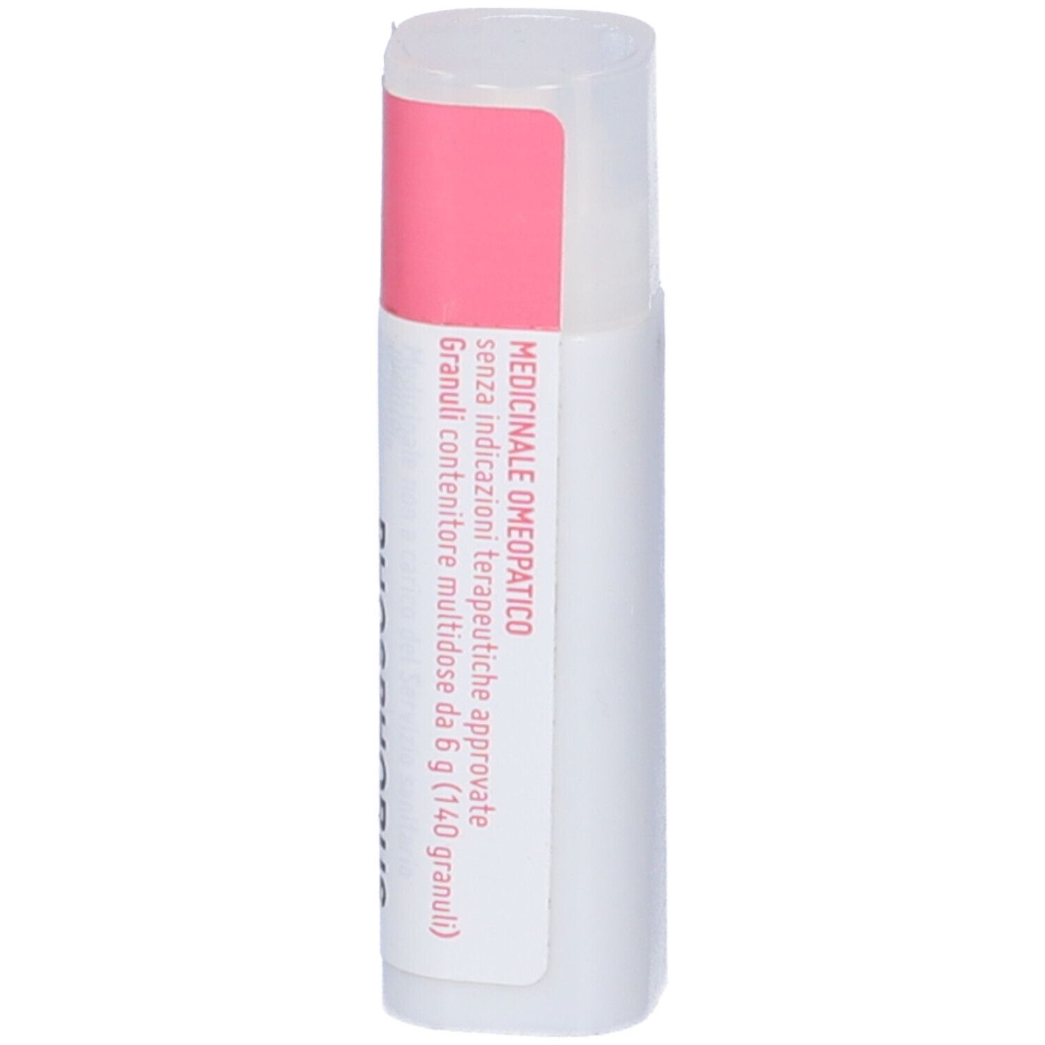 Confezione cilindrica. Etichette rosa e bianche. Scritta: Medicinale Omeopatico.