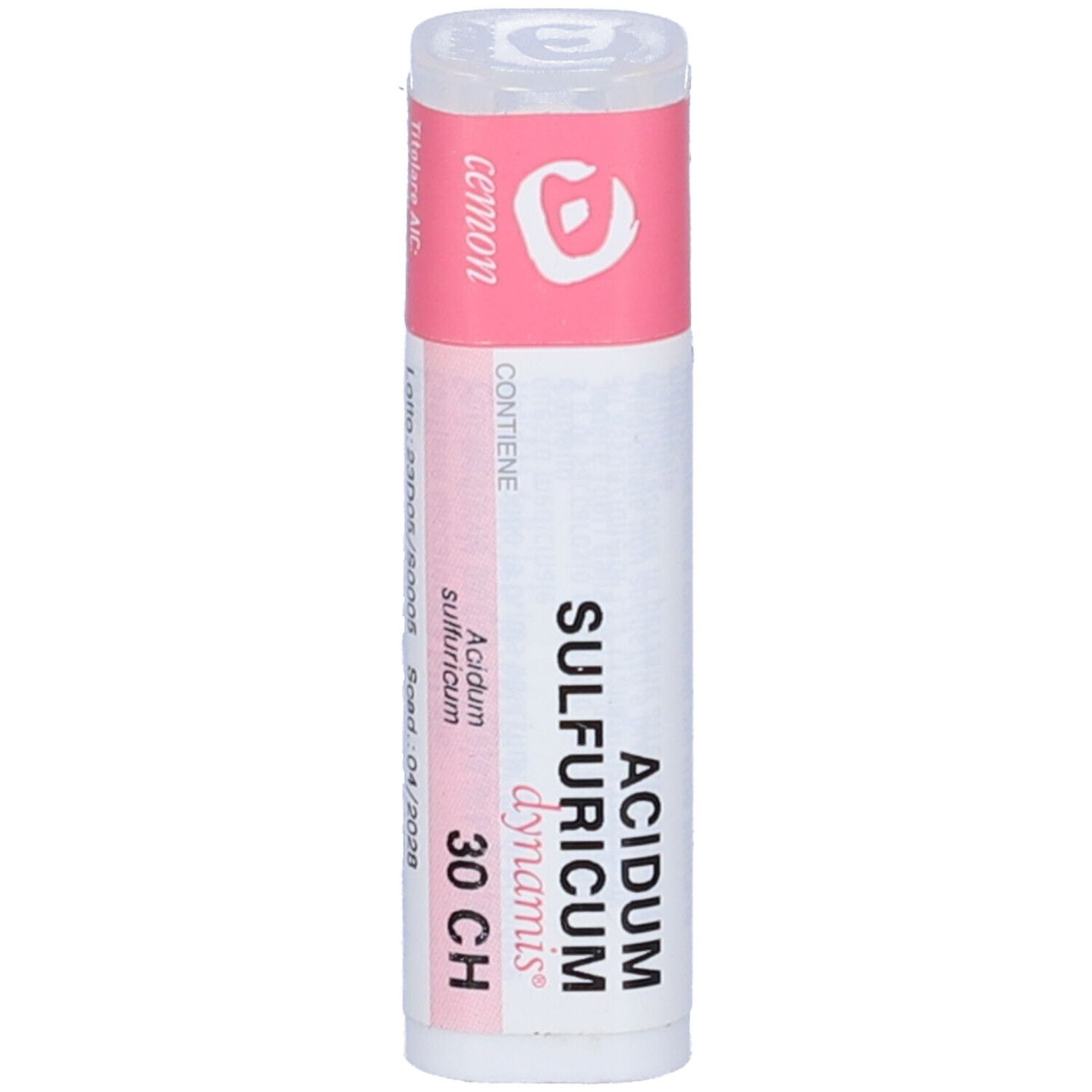Flacone bianco con etichetta rosa. L'etichetta indica "ACIDUM SULFURICUM dynamis 30 CH".