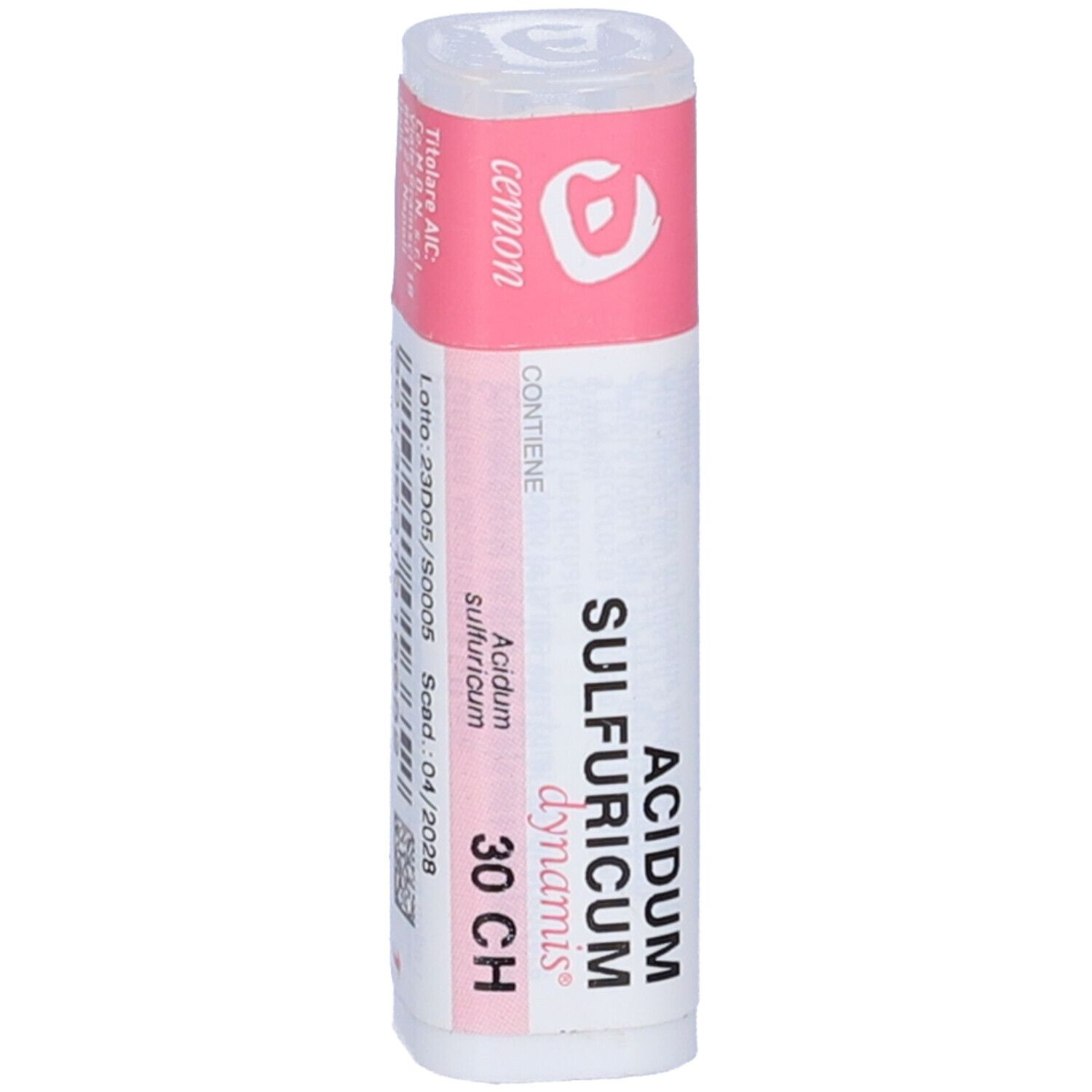 Flacone bianco con etichetta rosa. L'etichetta indica "ACIDUM SULFURICUM 30 CH".