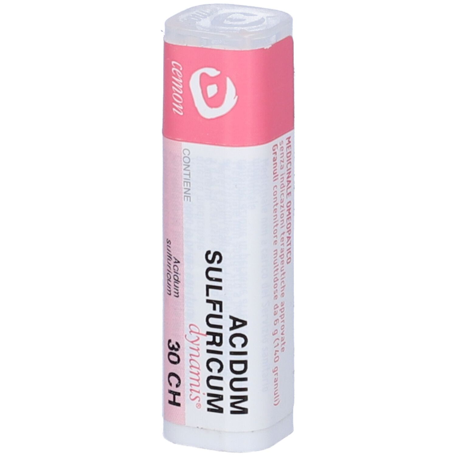 Flacone bianco con etichetta rosa. L'etichetta indica "ACIDUM SULFURICUM 30 CH".