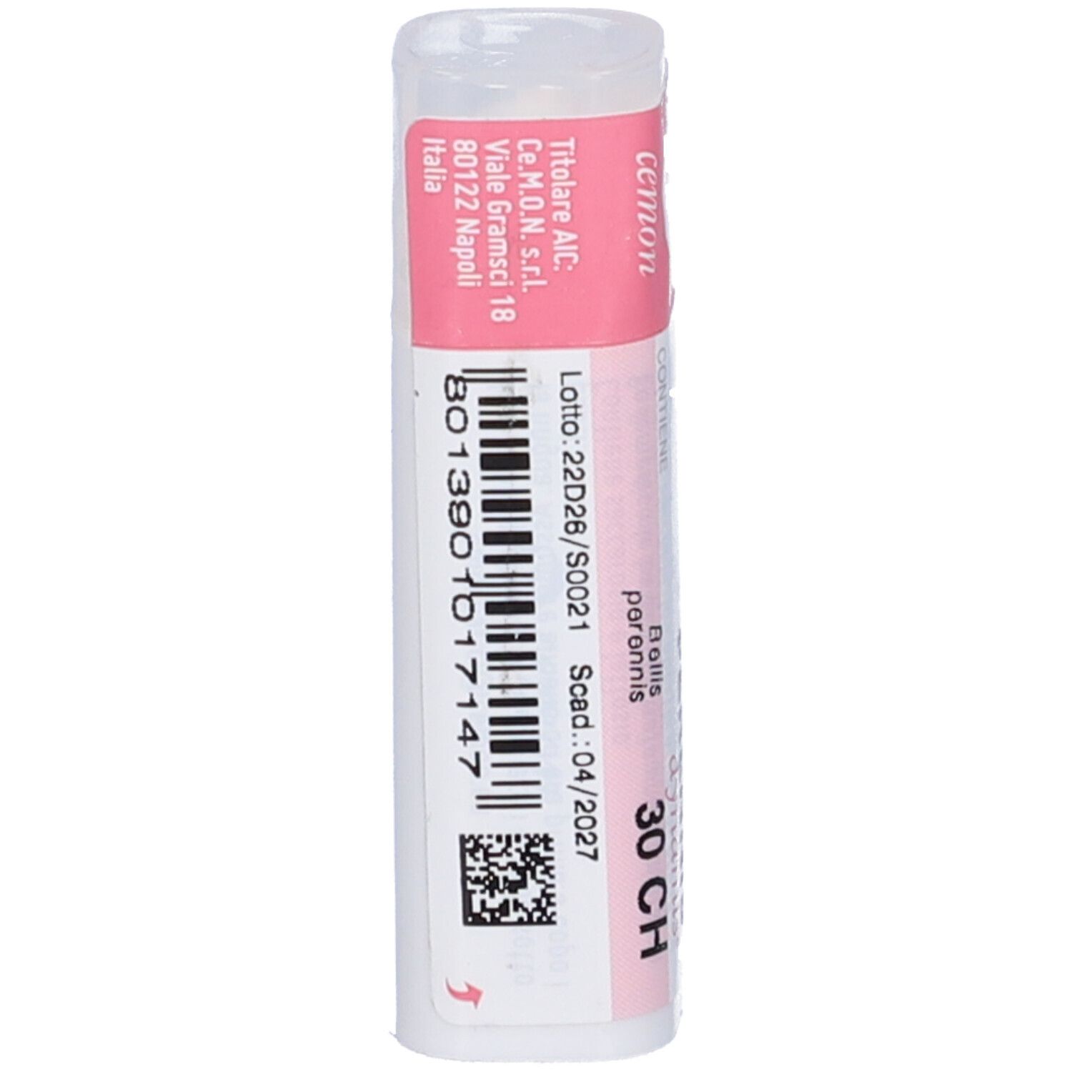 Confezione cilindrica con etichetta rosa e bianca. Scritta: Bellis Perennis 30 CH, dynamis.