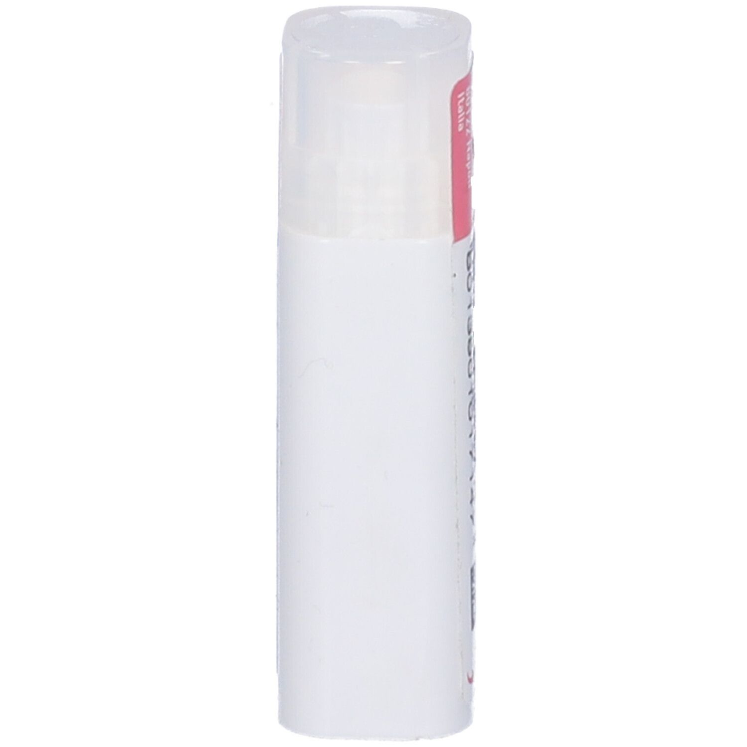 Confezione cilindrica con coperchio trasparente. Scritta su etichetta rosa.