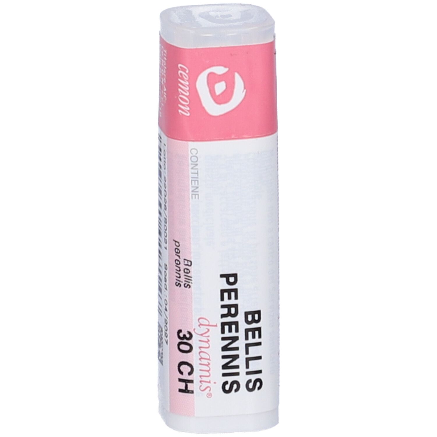 Confezione cilindrica con etichetta rosa e bianca. Scritta: Bellis Perennis 30 CH, dynamis.