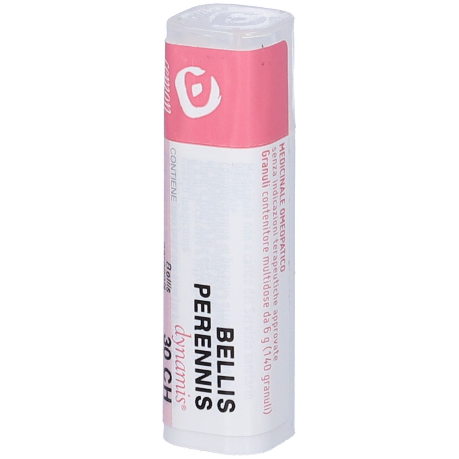 Confezione cilindrica con etichetta rosa e bianca. Scritta: Bellis Perennis 30 CH, dynamis.