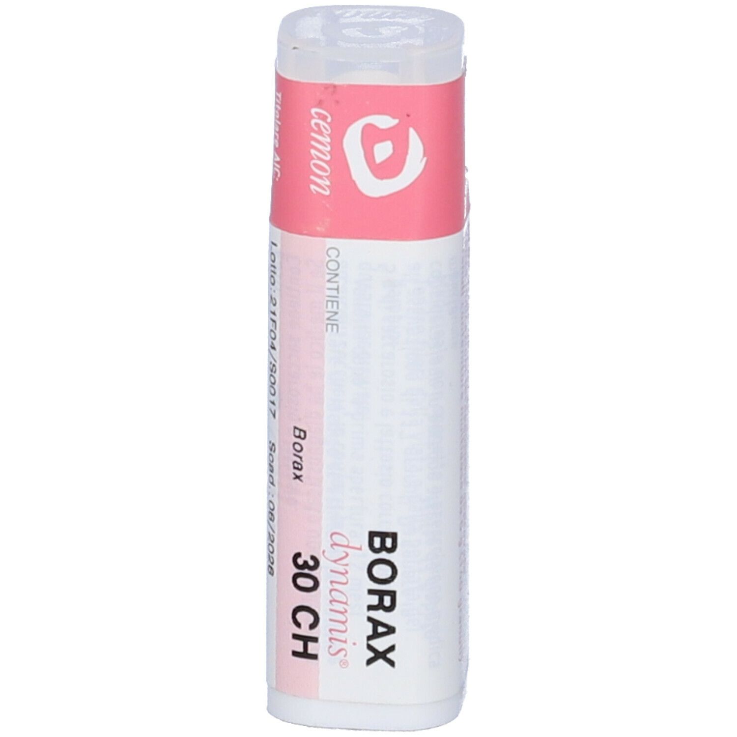 Confezione cilindrica. Etichetta rosa con scritta: Borax 30 CH, dynamis. Coperchio bianco. Testo in tedesco e spagnolo.