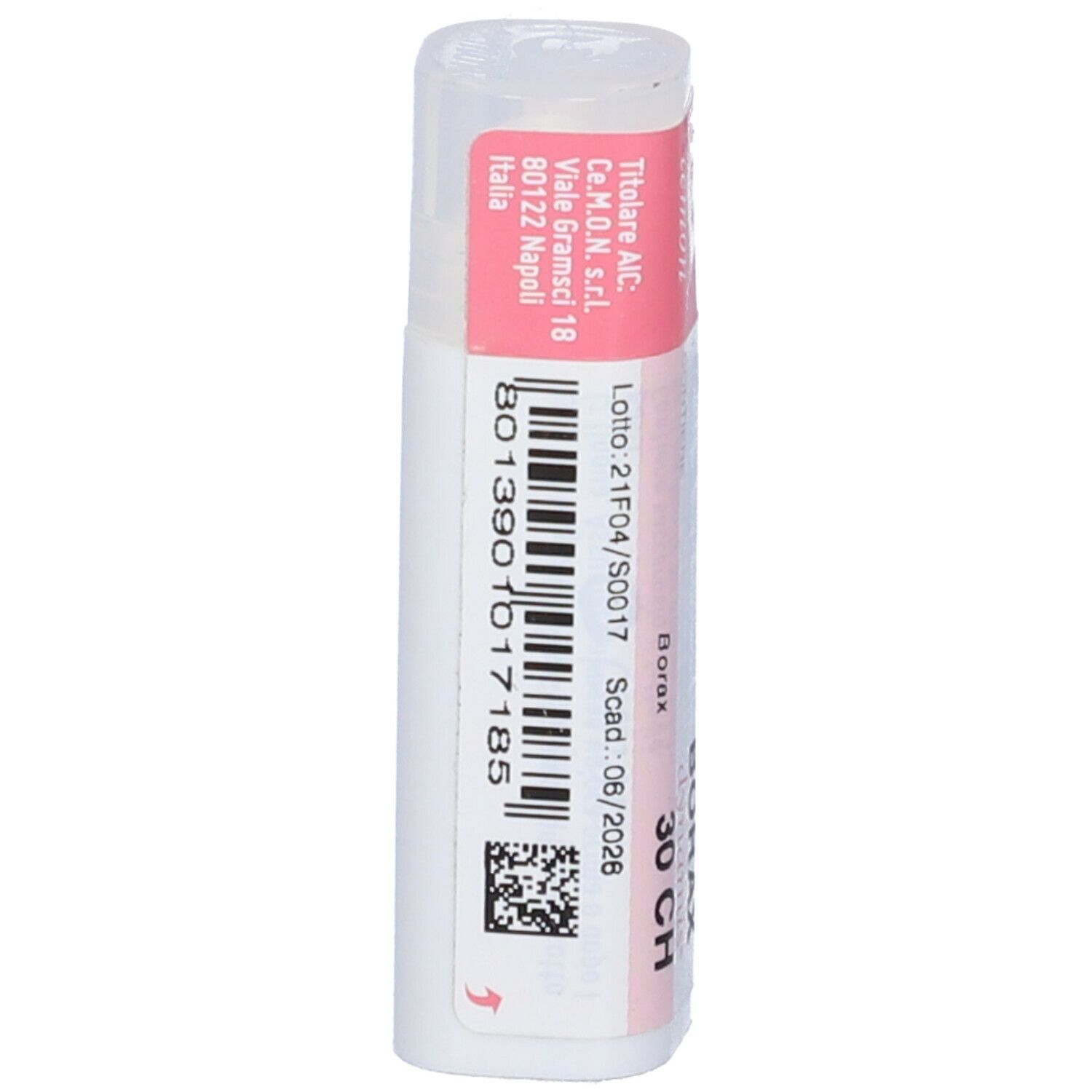 Confezione cilindrica. Etichetta rosa con scritta: Borax 30 CH, dynamis. Coperchio bianco. Codice a barre e altre informazioni.