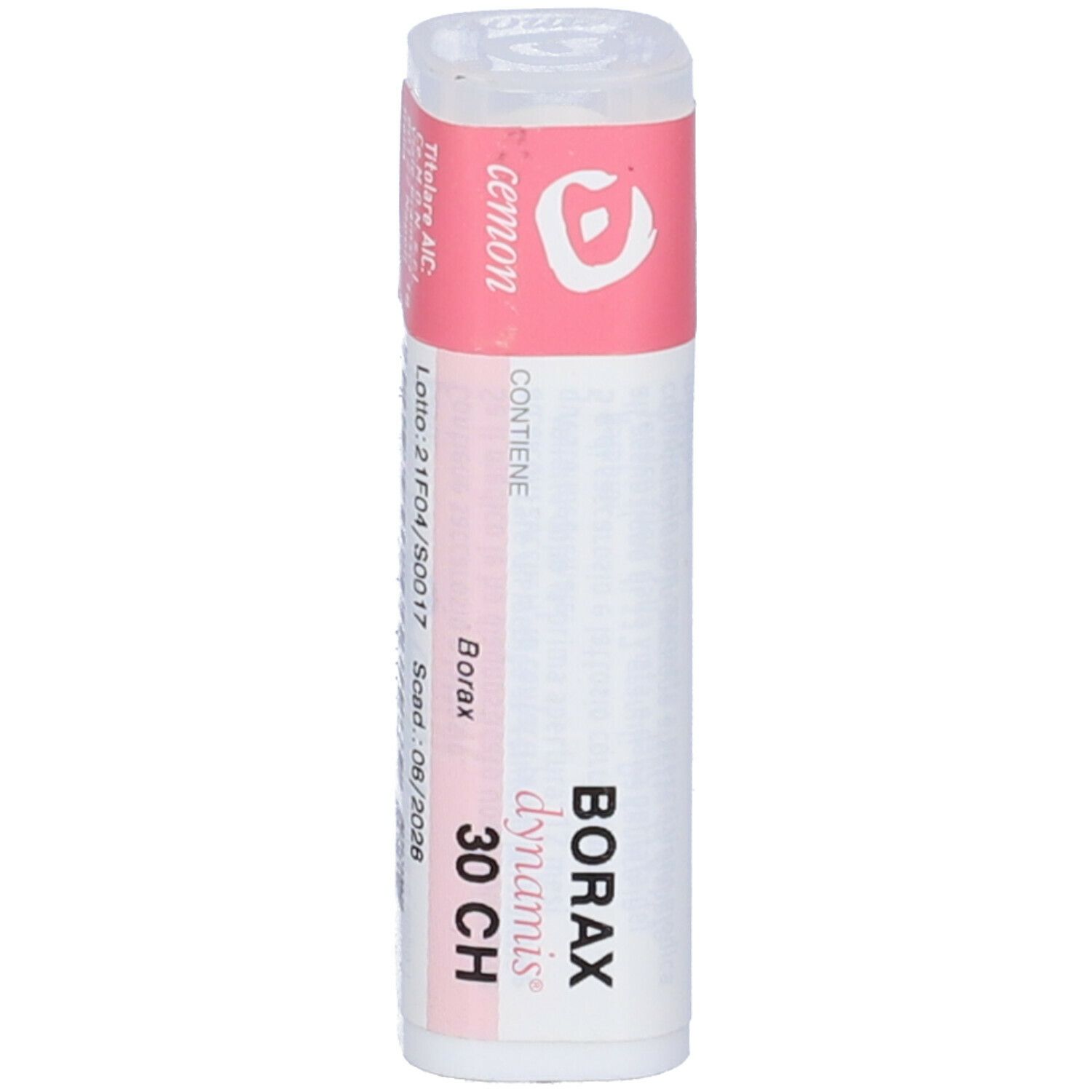 Confezione cilindrica. Etichetta rosa con scritta: Borax 30 CH, dynamis. Coperchio bianco. Testo in tedesco e spagnolo.