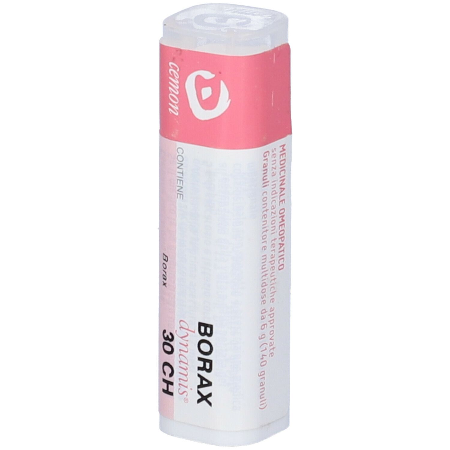 Confezione cilindrica. Etichetta rosa con scritta: Borax 30 CH, dynamis. Coperchio bianco. Testo in tedesco e italiano.