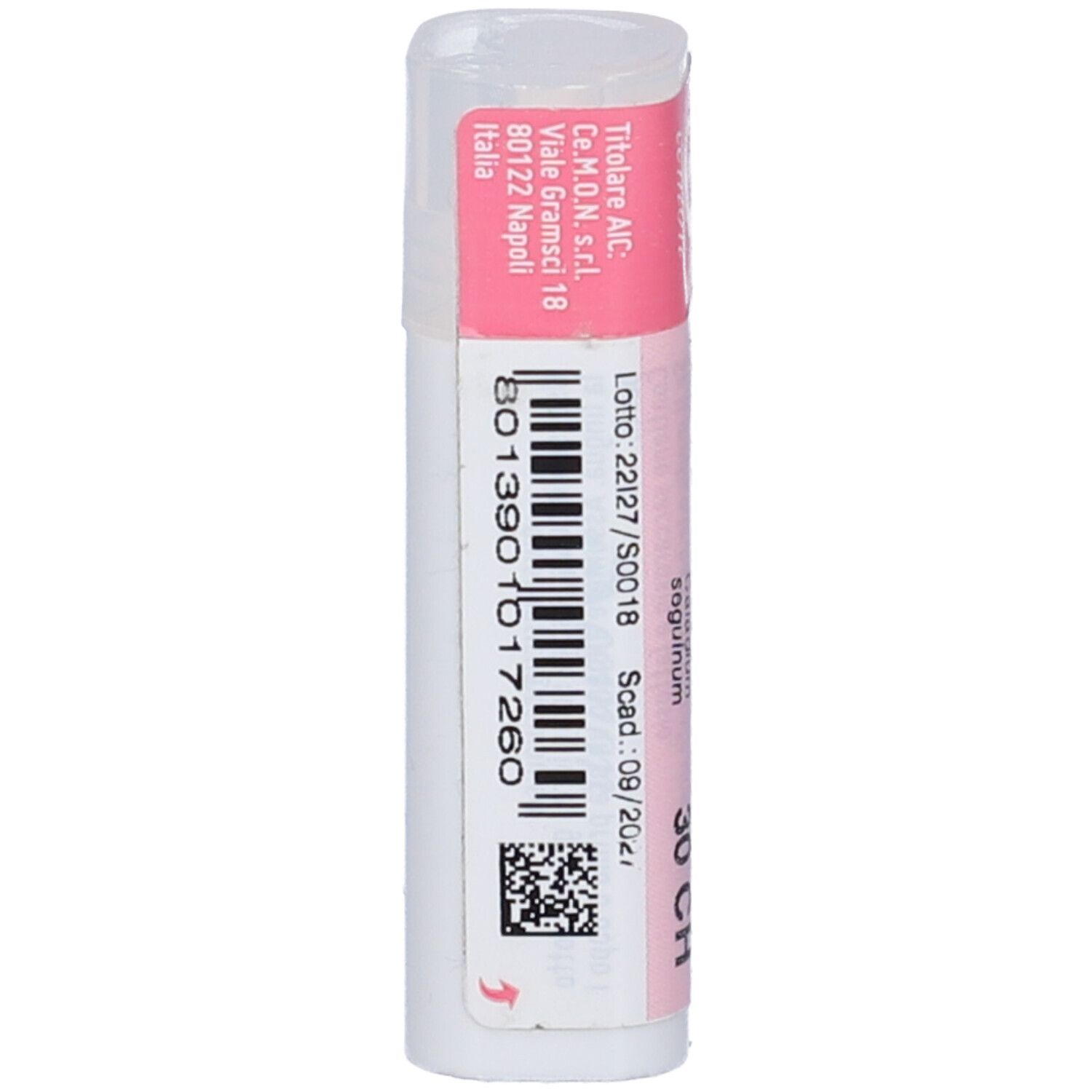 Confezione cilindrica con etichetta rosa e bianca. Codice a barre e numero di lotto visibili.