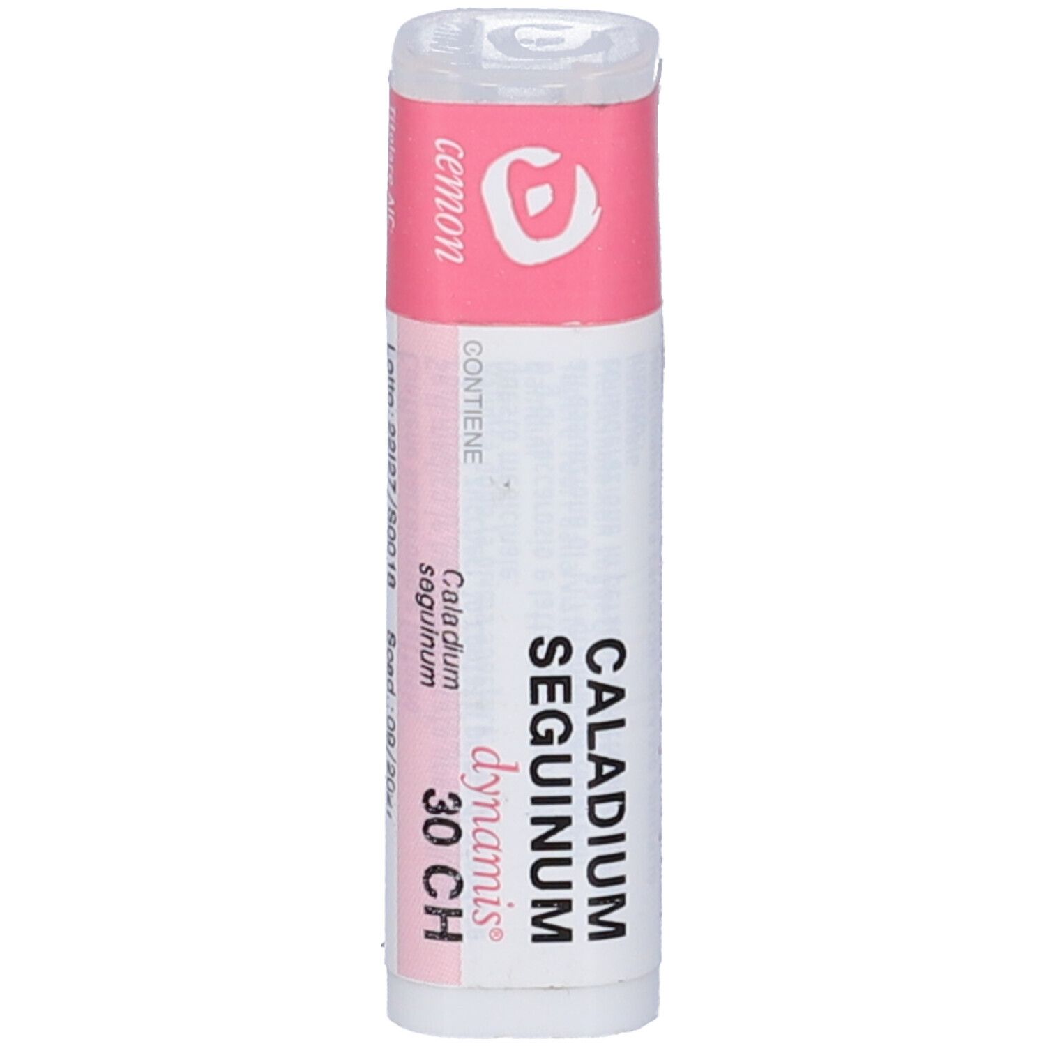 Confezione cilindrica con etichetta rosa e bianca. Scritta: Caladium Seguinum 30 CH, dynamis.