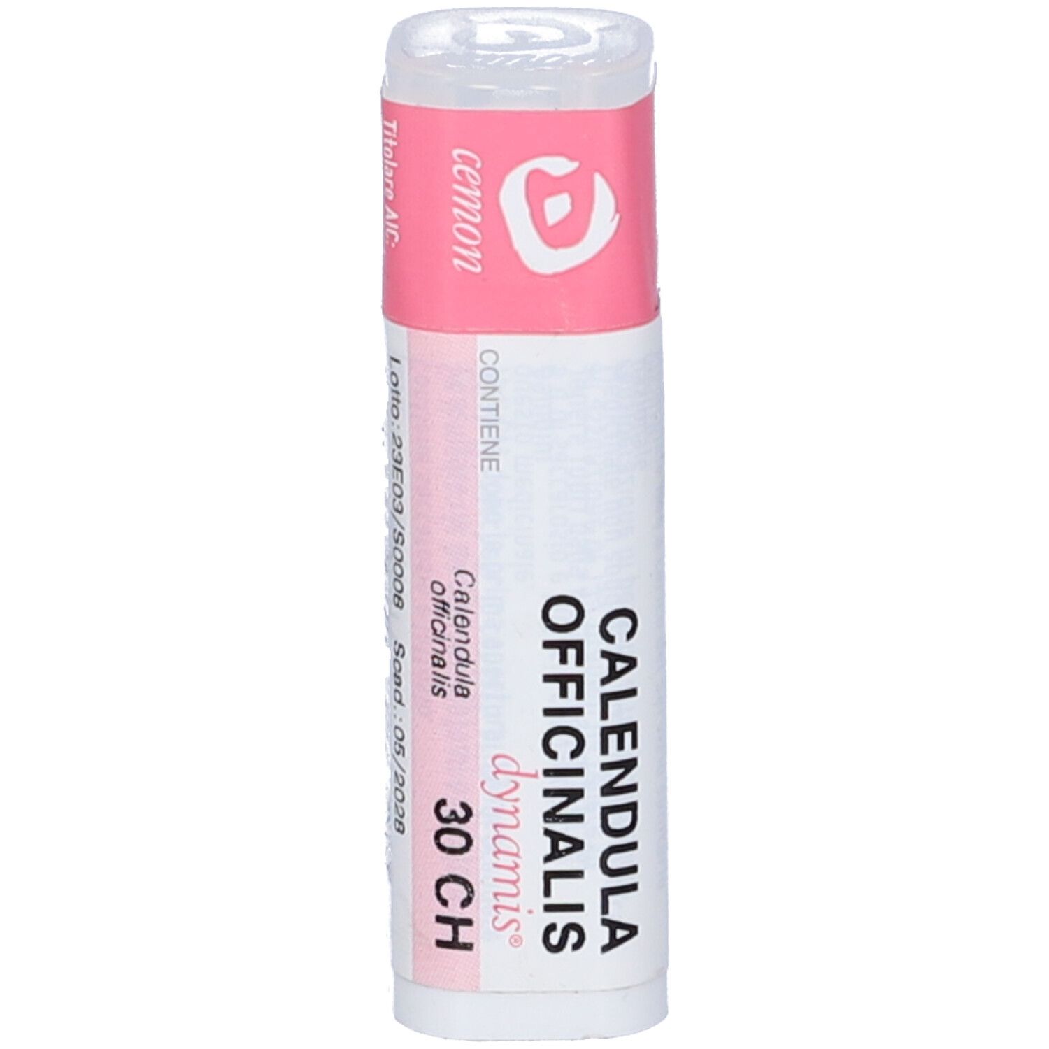 Flacone cilindrico con fascia rosa. Scritte: Calendula Officinalis 30 CH, cemon.