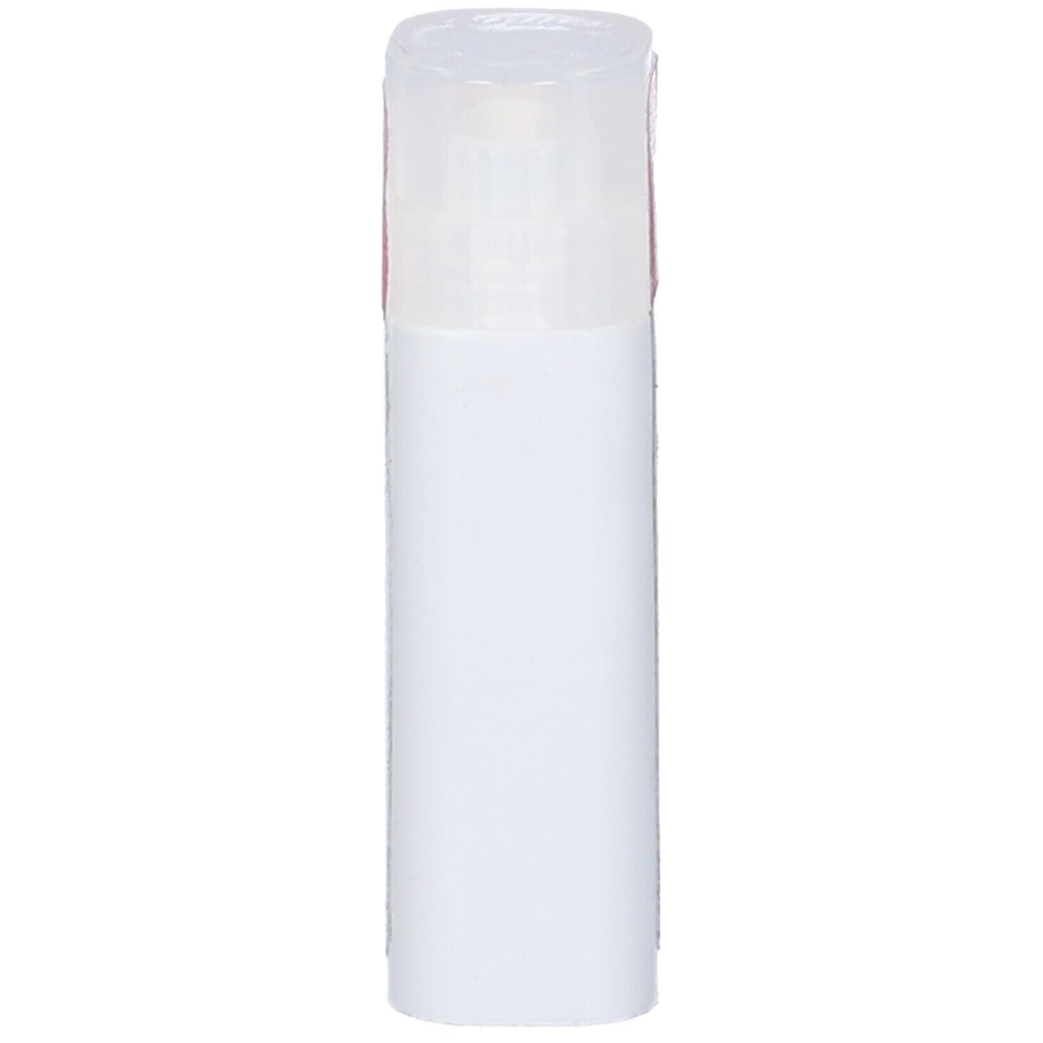 Flacone cilindrico bianco con coperchio trasparente.