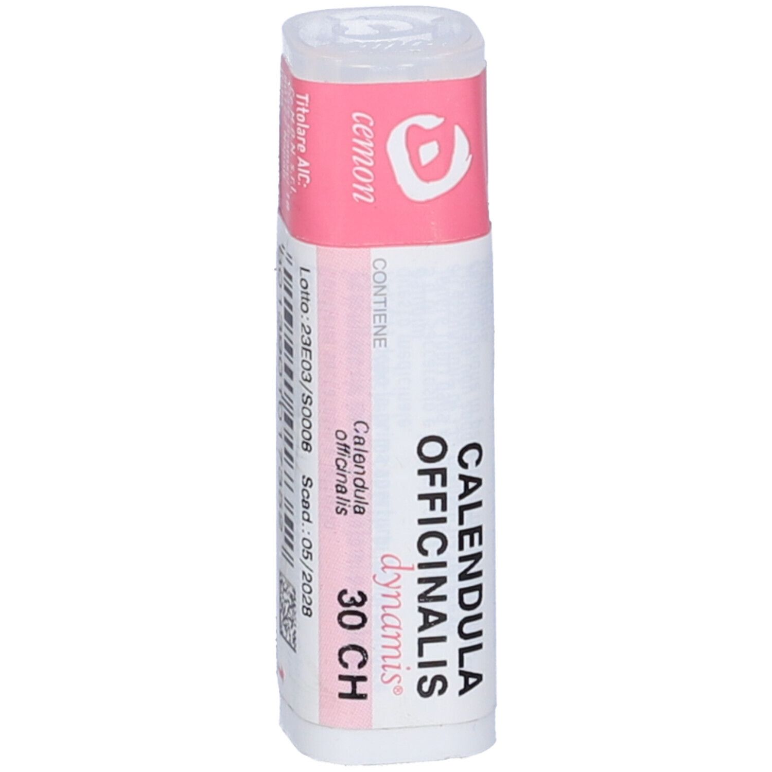 Flacone cilindrico con fascia rosa. Scritte: Calendula Officinalis 30 CH, cemon.