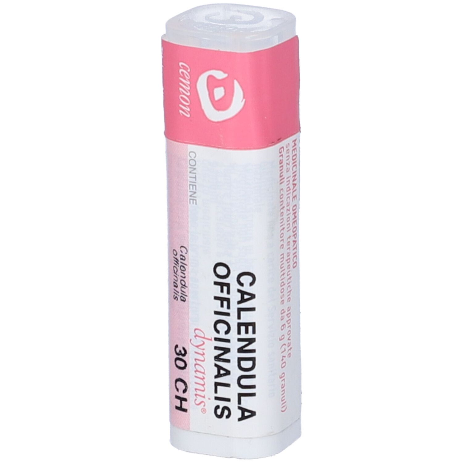 Flacone cilindrico con fascia rosa. Scritte: Calendula Officinalis 30 CH, cemon.