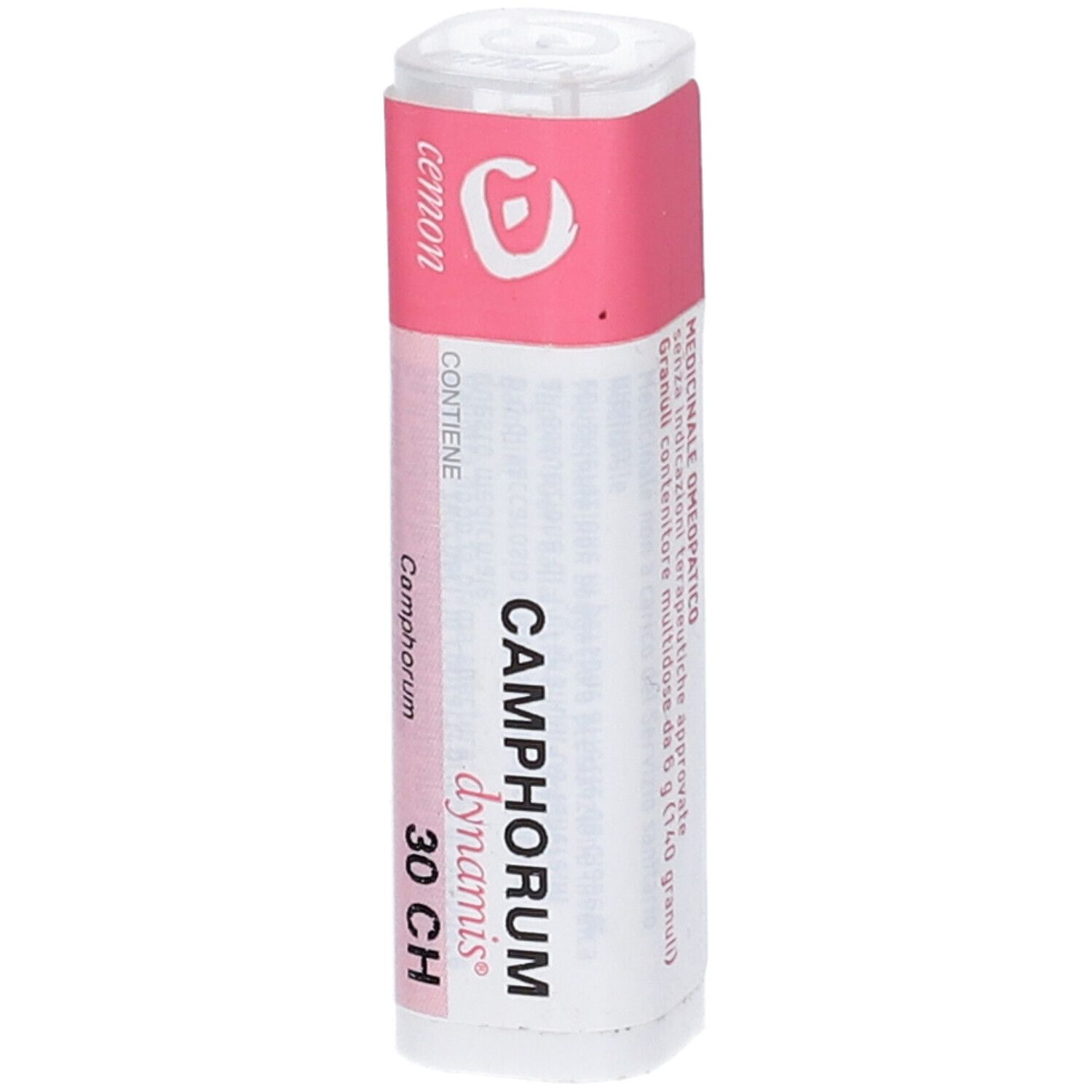 Confezione cilindrica con fascia rosa. Scritta: CAMPHORUM dynamis 30 CH. Nome e dosaggio del prodotto ben visibili.