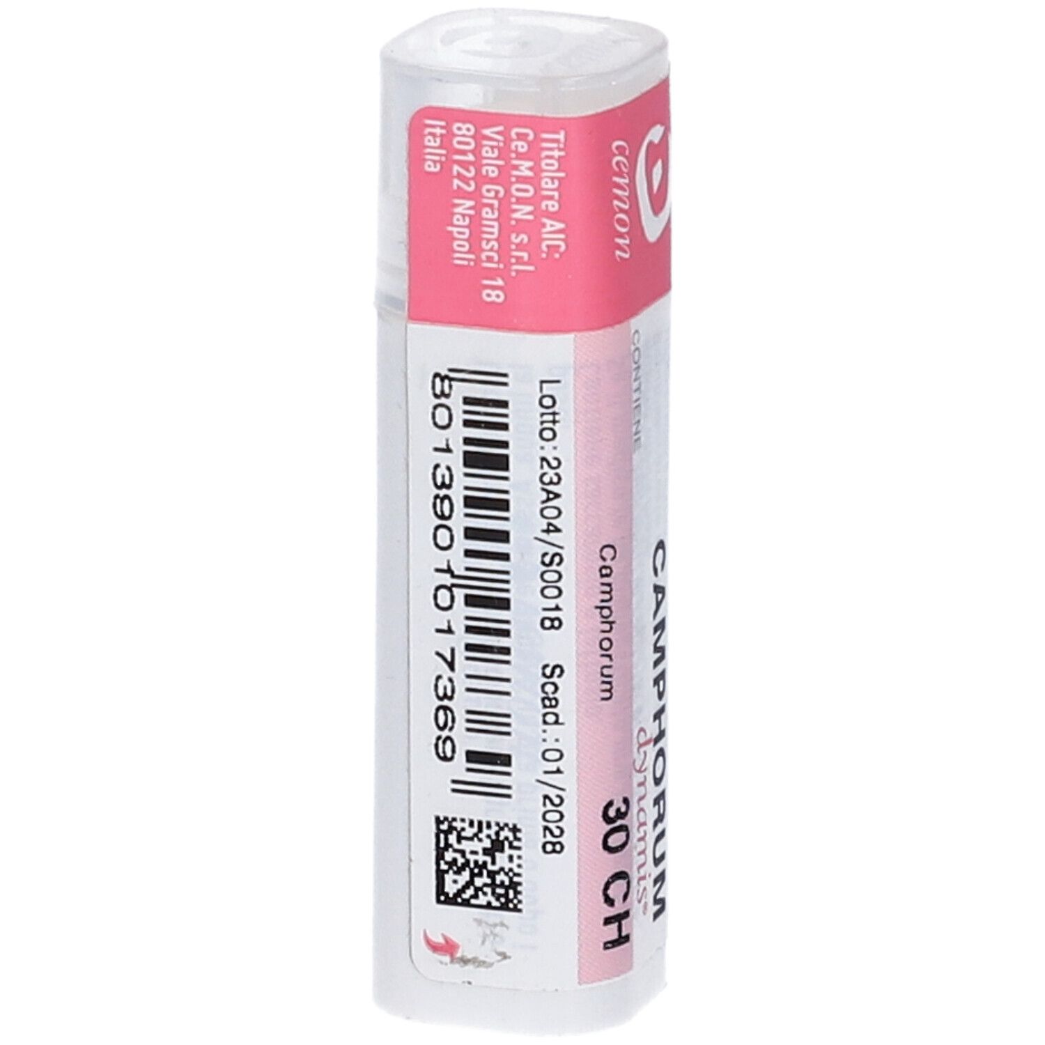 Confezione cilindrica con fascia rosa. Scritta: CAMPHORUM dynamis 30 CH. Codice a barre e data di scadenza visibili.