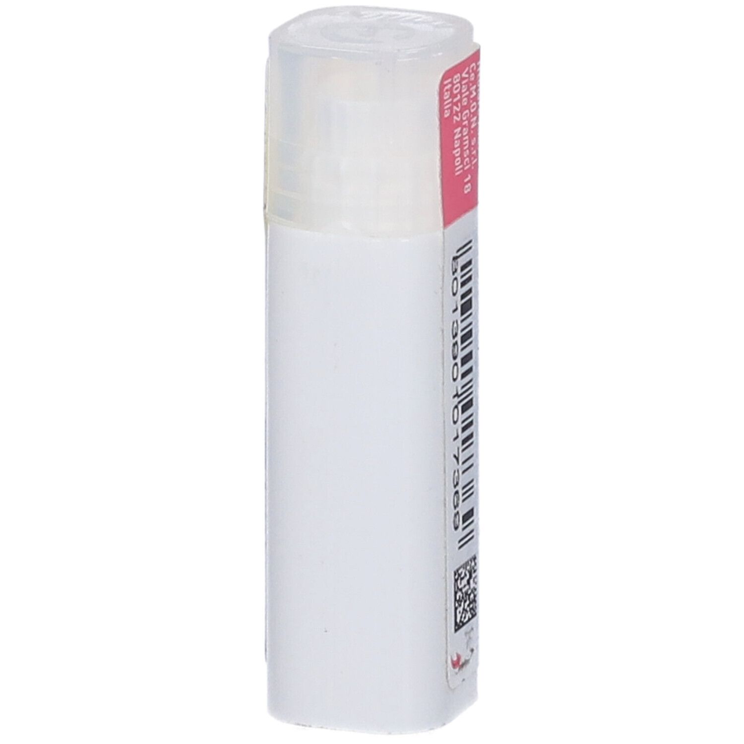 Confezione cilindrica, fascia rosa con testo. Codice a barre e altre informazioni sulla confezione.