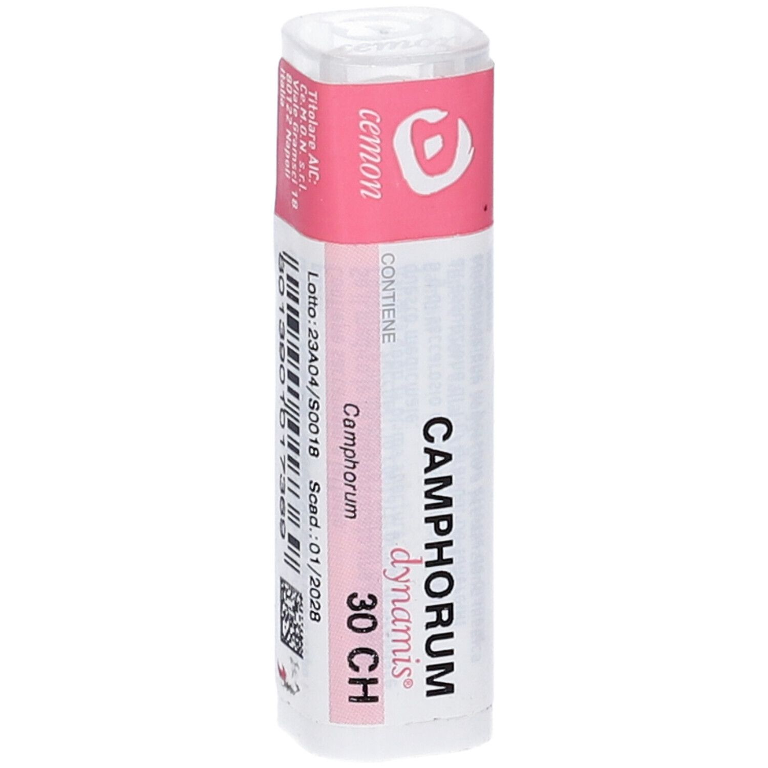 Confezione cilindrica con fascia rosa. Scritta: cemon, CAMPHORUM dynamis 30 CH. Codice a barre e data di scadenza visibili.