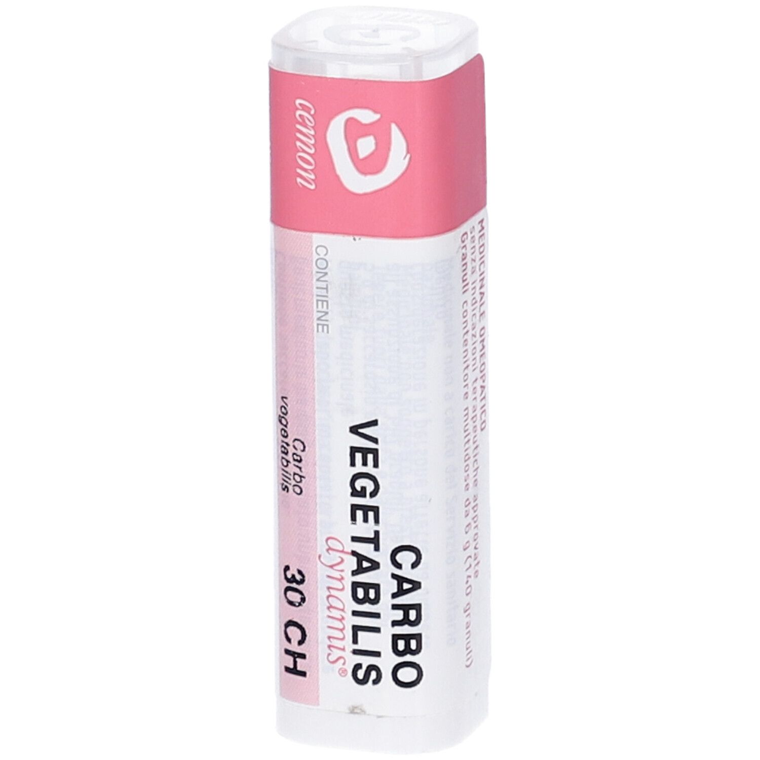 Confezione cilindrica. Etichetta rosa con nome prodotto: Carbo Vegetabilis 30 CH. Produttore: cemon dynamis.