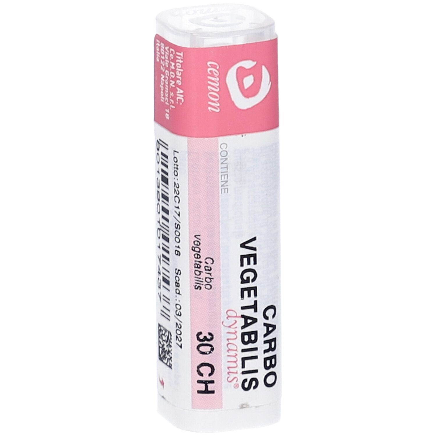 Confezione cilindrica. Etichetta rosa con informazioni prodotto, codice a barre e scadenza. Produttore: cemon dynamis.