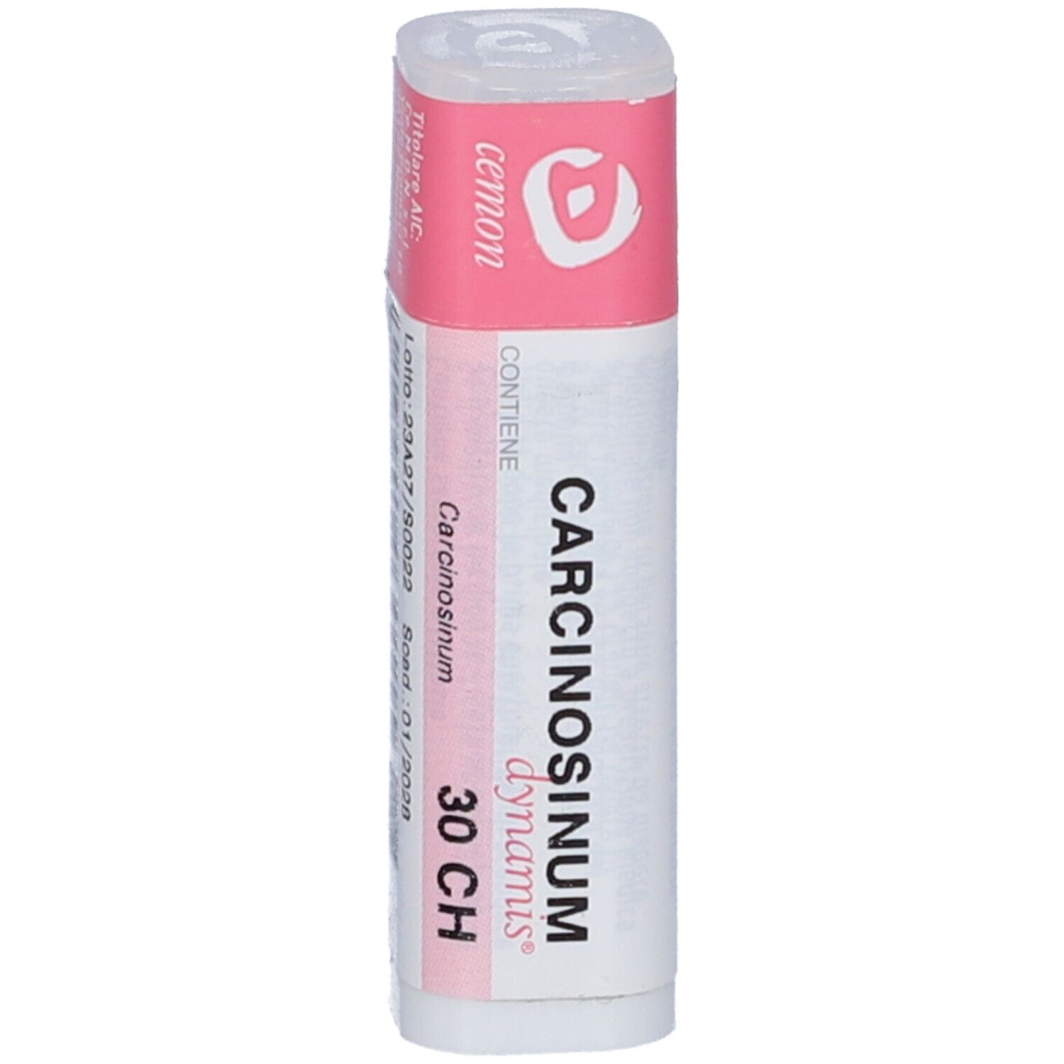 Confezione cilindrica con etichetta rosa e bianca. Contiene Carcinosinum 30 CH.