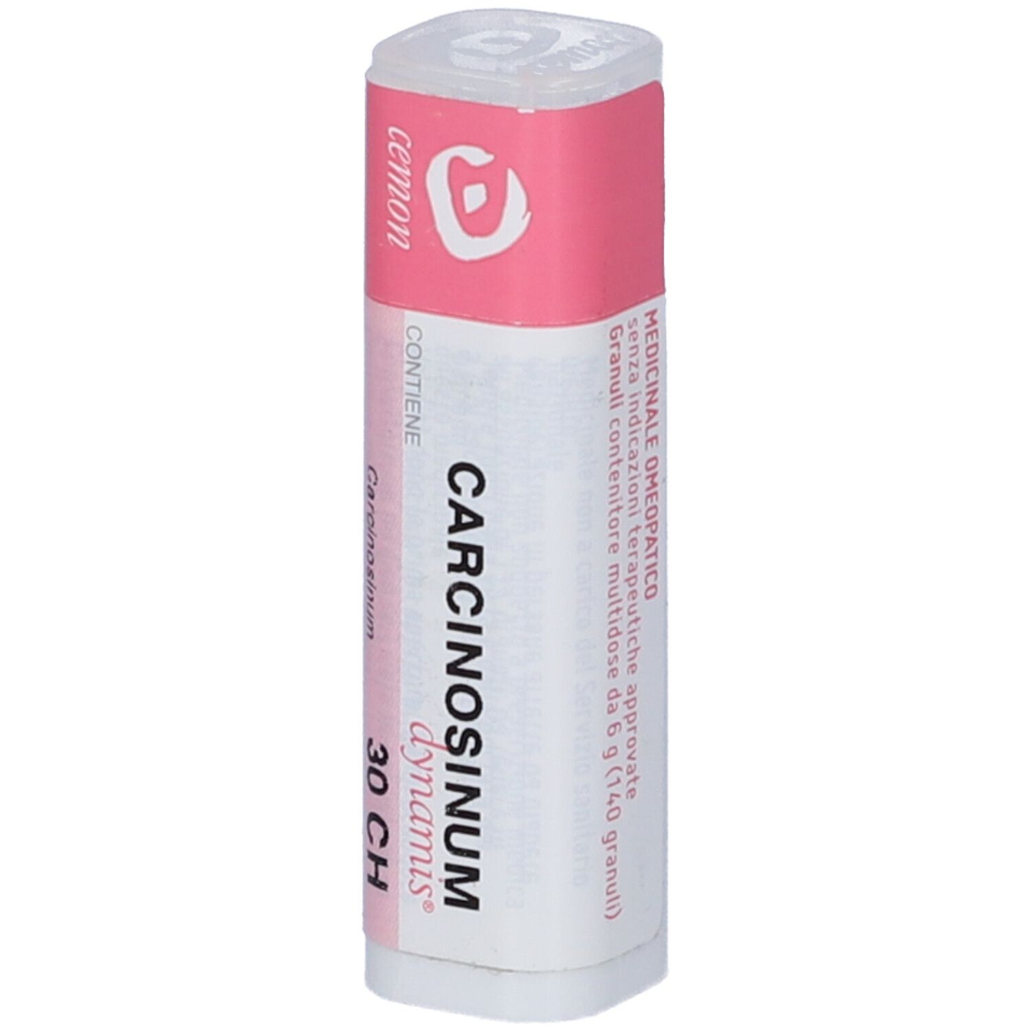 Confezione cilindrica con etichetta rosa e bianca. Contiene Carcinosinum 30 CH.