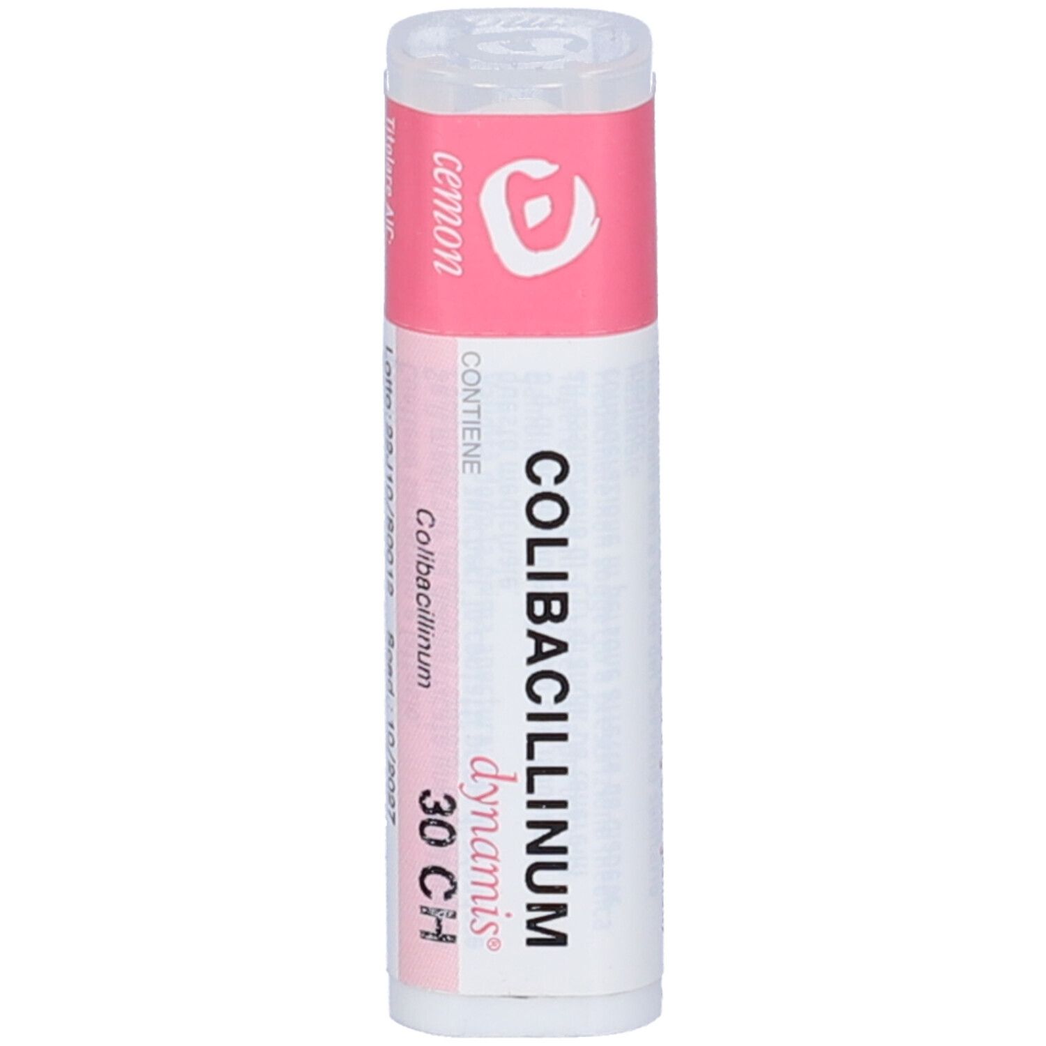 Flacone cilindrico con etichetta rosa. Scritta: Colibacillinum 30Ch. Marchio: cemon, dynamis. Contiene granuli.